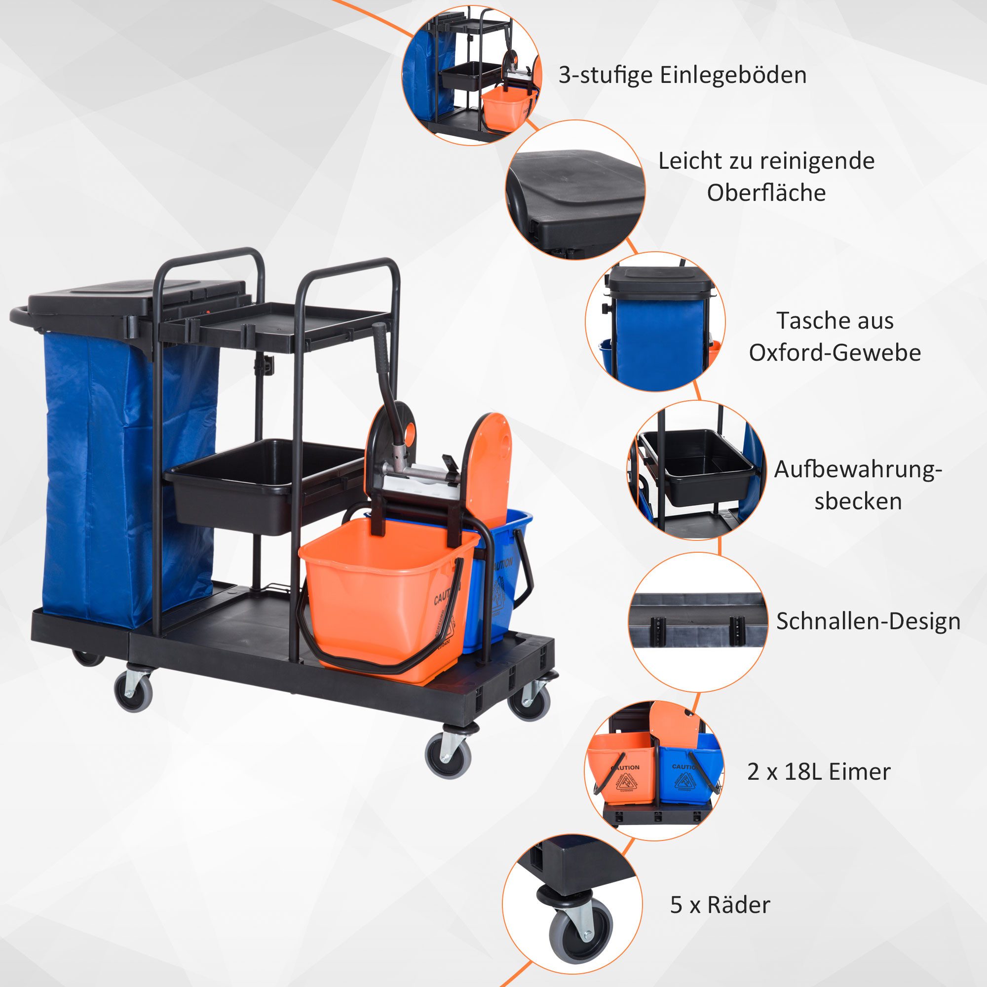 HOMCOM Putzeimer Reinigungswagen mit 3 Ebenen, 2x18L Eimer, Abfallsack, (Wischwagen, 1-tlg., Putzwagen), Schwarz+Blau+Orange 111 × 63,3 × 103 cm – Bild 5 von 5