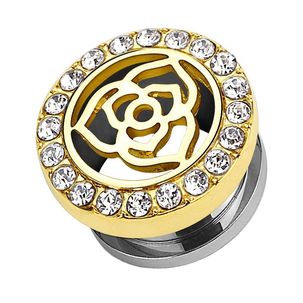 Taffstyle Plug Piercing Vintage Rose Edelstahl Gold IP Kristallen, Ohr
