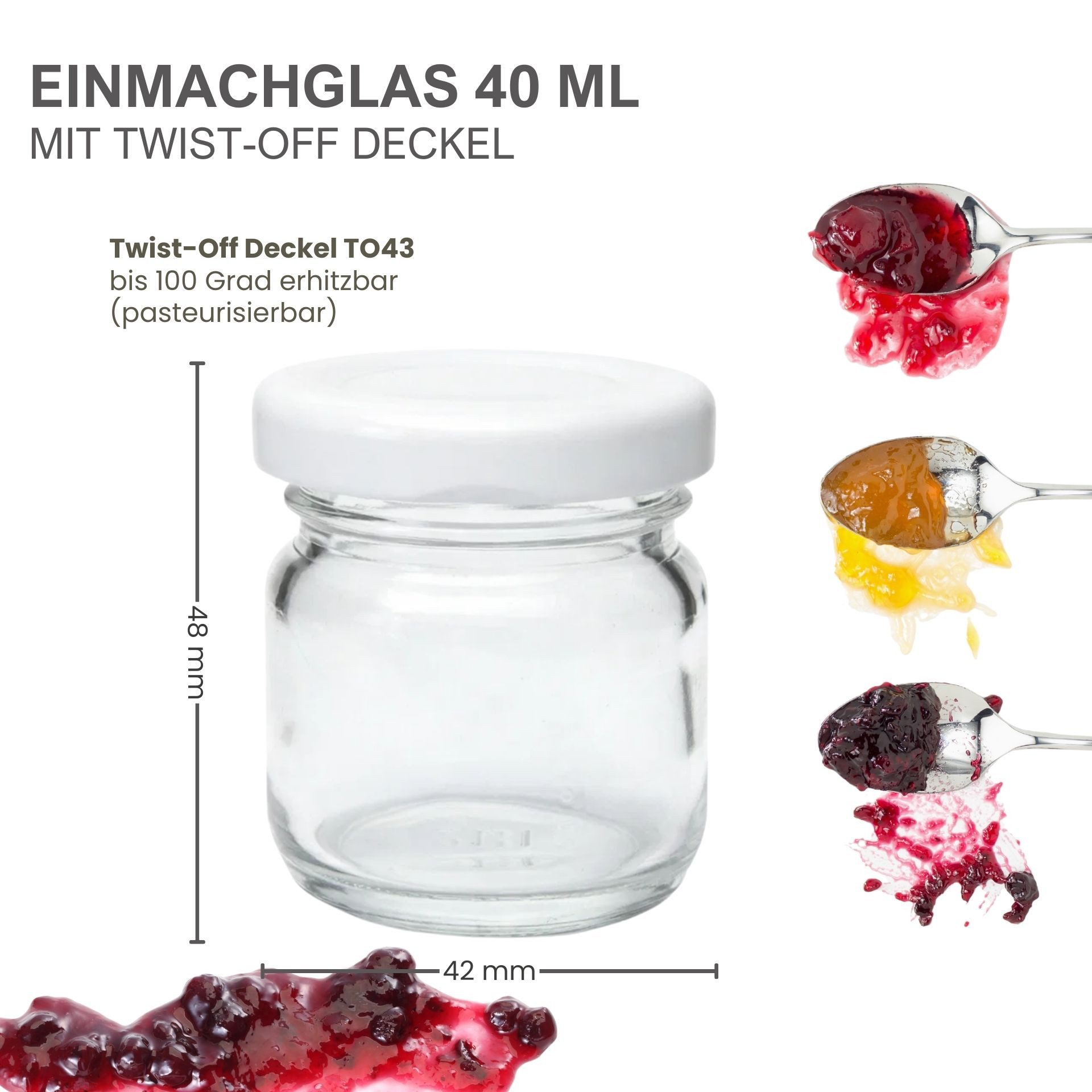 mikken Einmachglas 100 Mini-Gläser 40 ml mit Deckel – Mini Marmeladengläser Set, (Spar-Set, 100er Set), ideal für Proben oder für Gastgeschenke, Einweckglas, Sturzglas