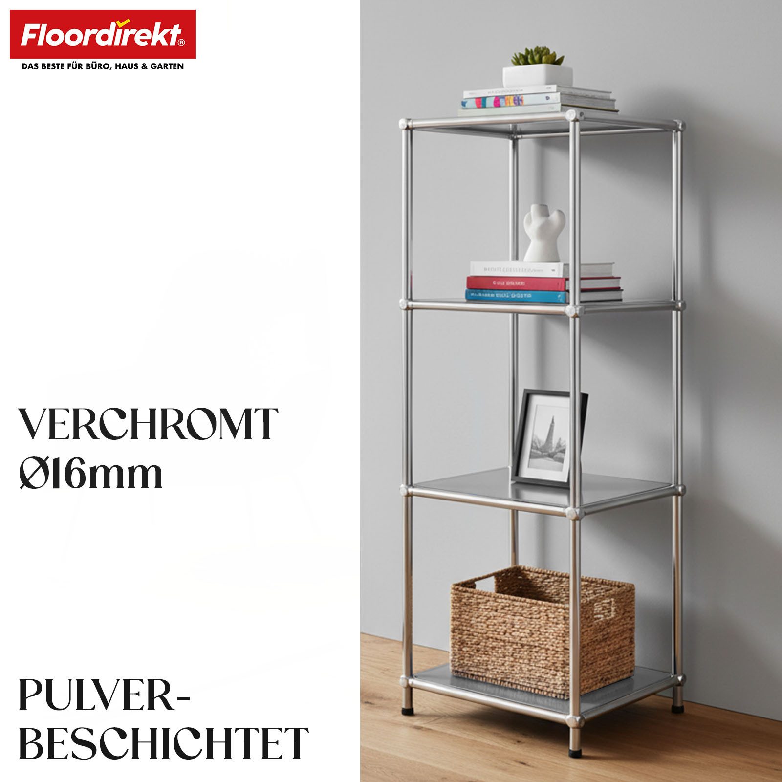 Floordirekt Standregal Concept Epure MK-005 Metallregal, B30 × T30 × H89 cm, diverse Farben, modular, Design Regal mit offenen Ablagen, verchromtes Metallgestell, zeitlos