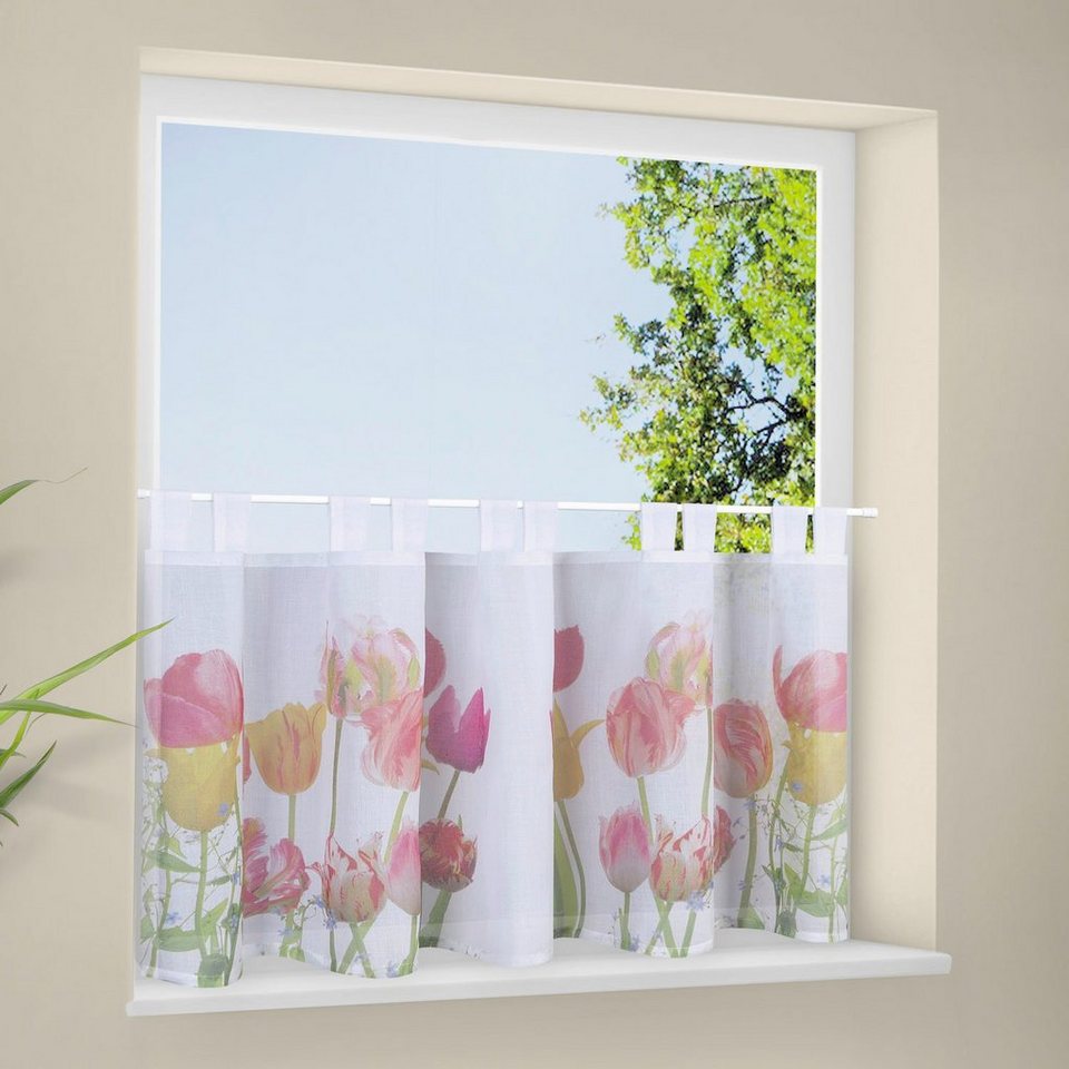 Gardine Bella, Gerster, Schlaufen (1 St), transparent, Wirkware,  Schlaufenpanneau bestickt mit Blumen