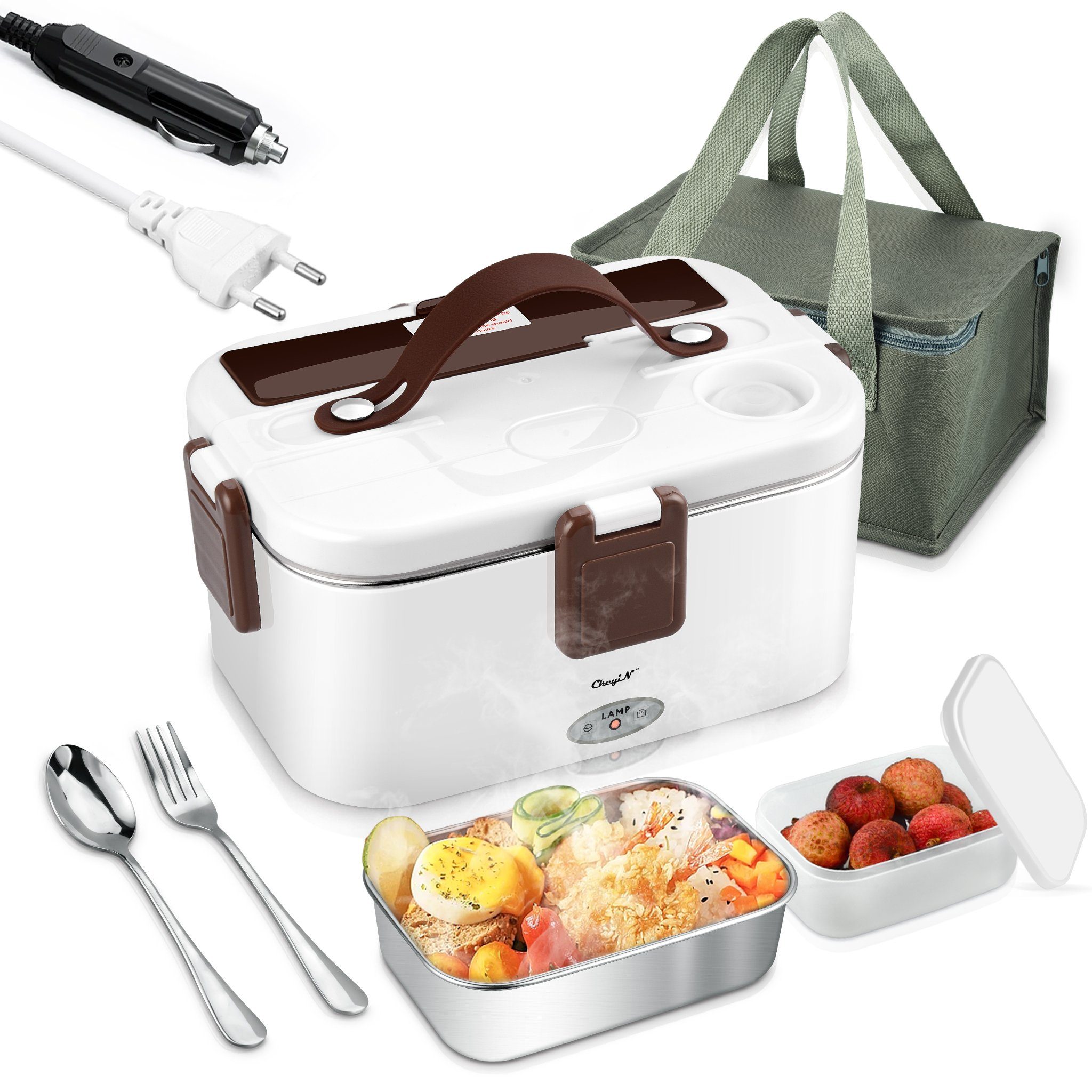 CkeyiN Elektrische Lunchbox 3 in 1 für Zuhause und Auto, 1,8 L, schnelles Erhitzen von Speisen, mit getrennter Fach, Kunststoffbox, Edelstahlgabel