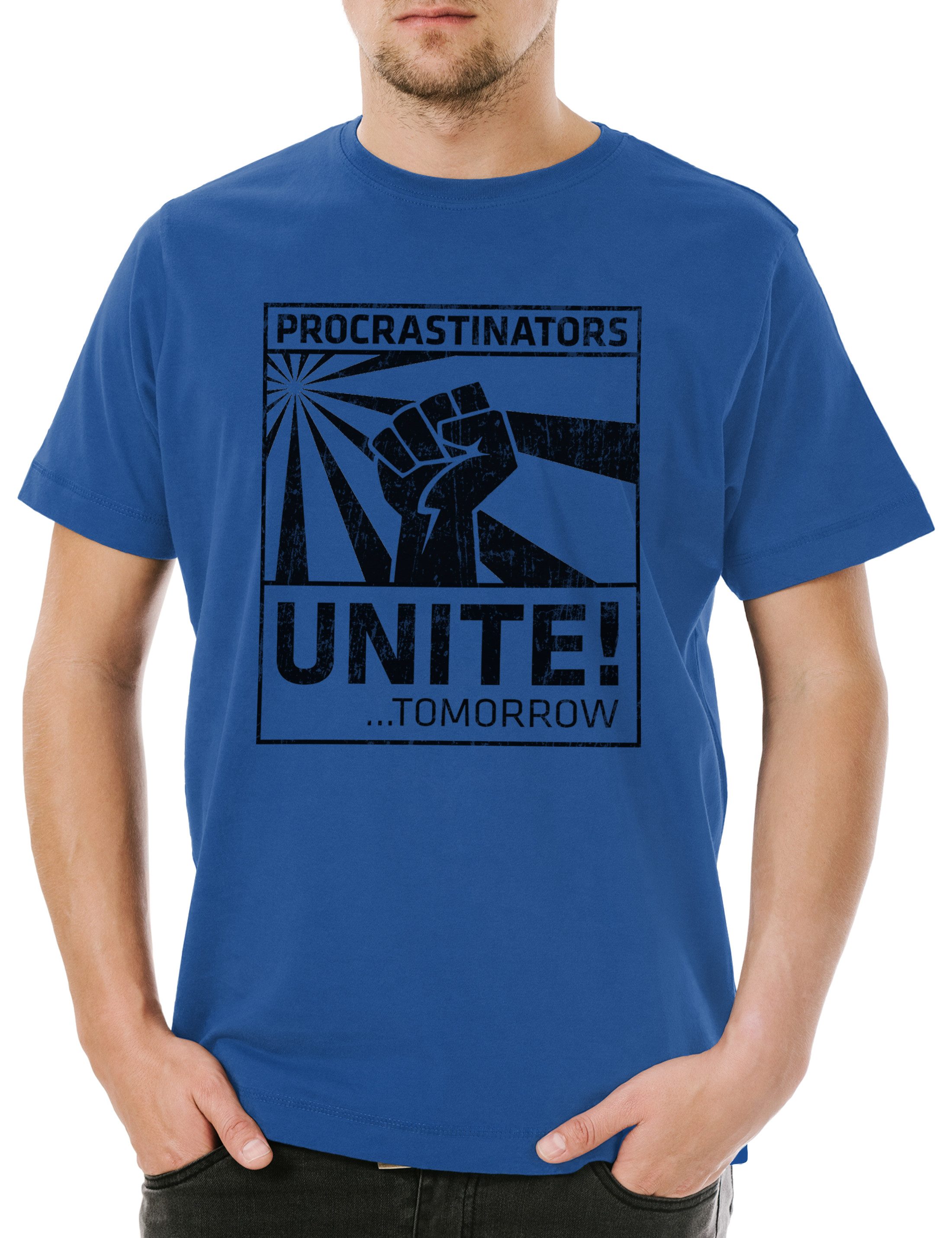 Print-Shirt Procrastinators Unite Herren T-Shirt Geek Nerd Raised Fist Rebellion