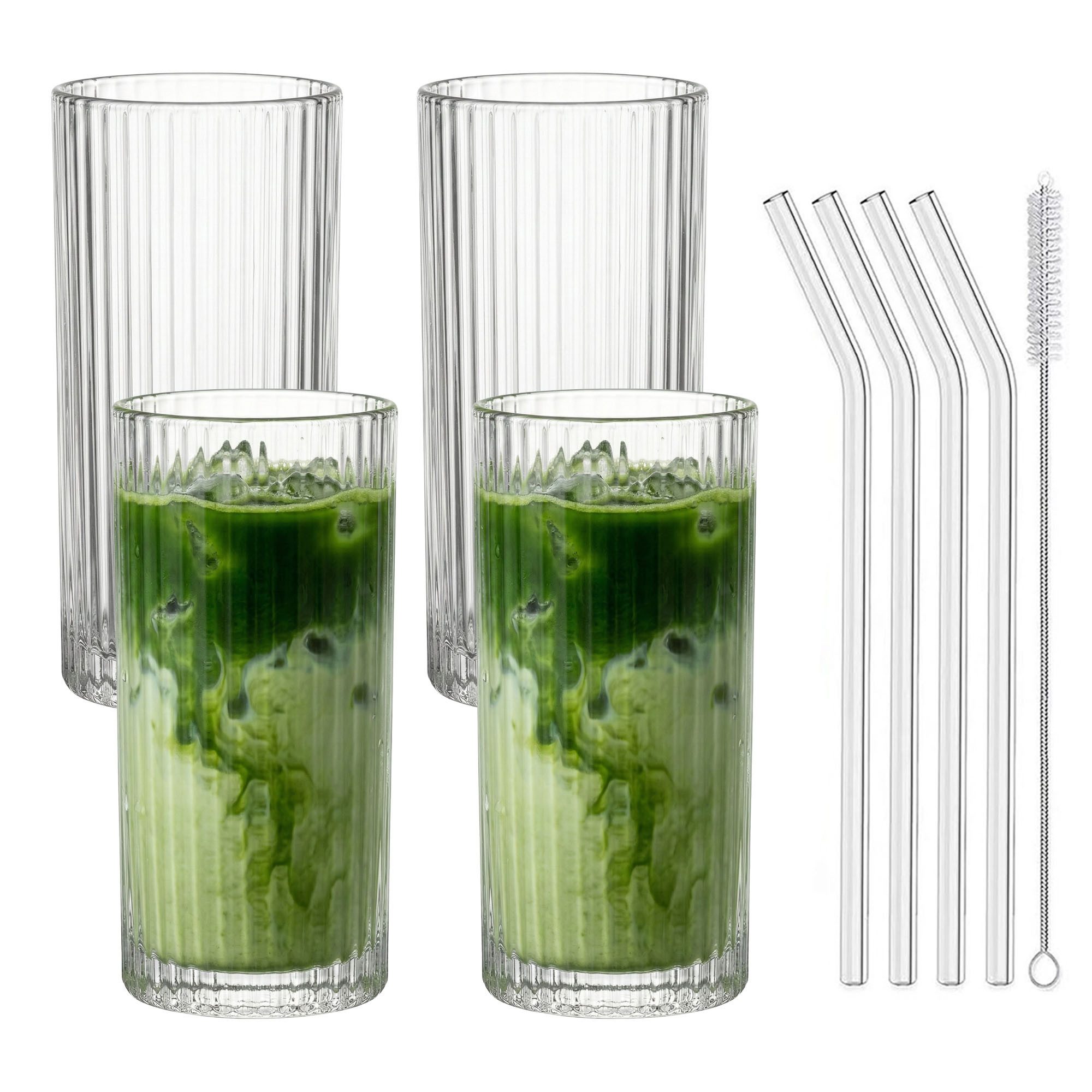 mixed24 Gläser-Set 4er Set Geriffelte Gläser 370ml inkl. Glashalm, ideal für Iced Matcha Latte, Latte Macchiato, Cocktails, Smoothies