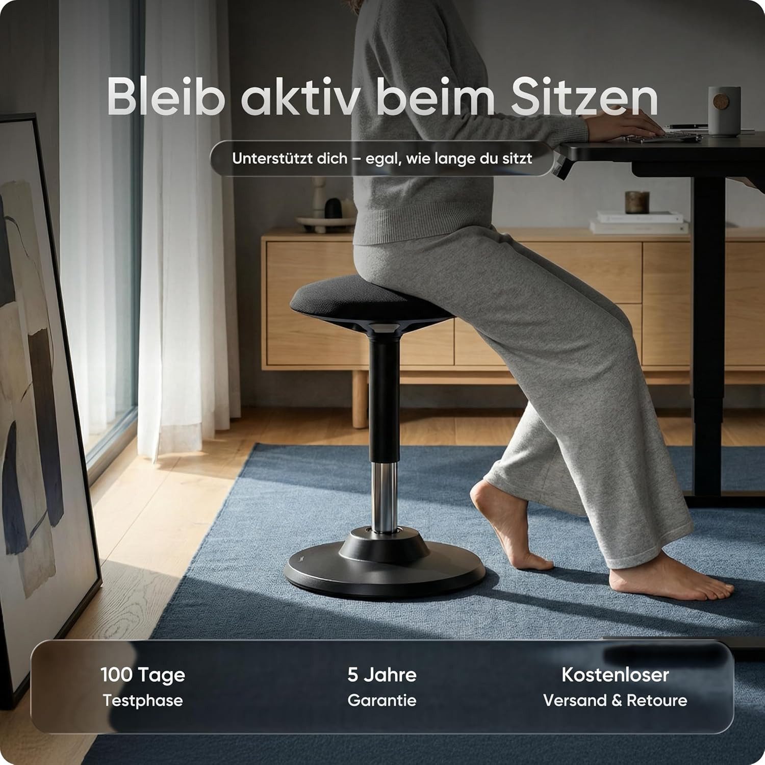 DESKSPACE Drehhocker Motion Ergonomischer Stehhocker - Höhenverstellbarer Bürohocker (Einzelartikel), Höhenverstellbarer Stehhocker mit ergonomischem Sitzkomfort