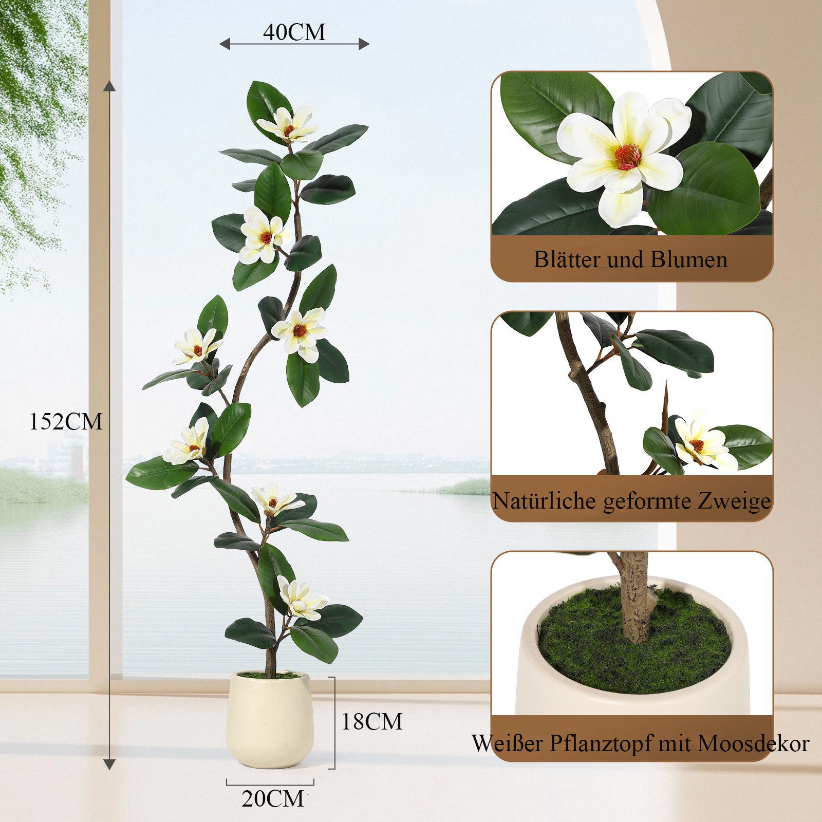 Kunstbaum Künstlicher Magnolienbaum,realistische Kunstpflanze mit verstellbaren, GarveeMore, Höhe 150 cm – Bild 3 von 5
