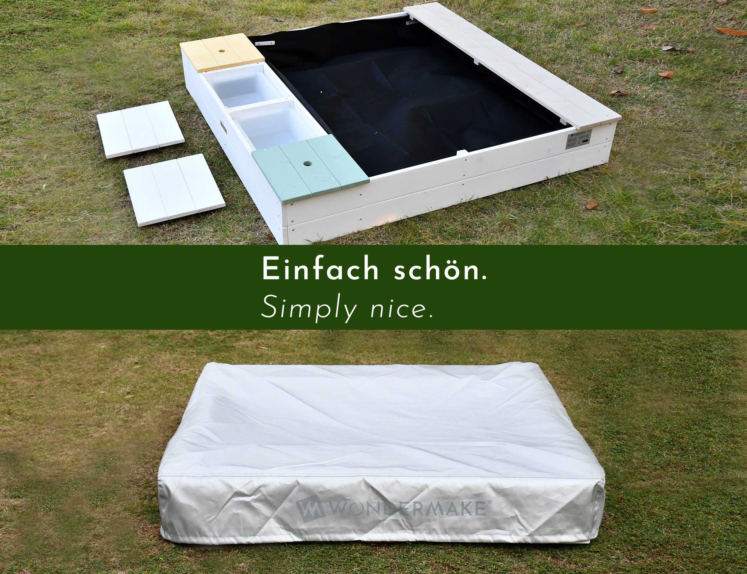 WONDERMAKE Sandkasten mit Abdeckung, 2x Matschküche, Boden Vlies, Sandkiste Holz Deckel bunt, Design mit Bank quadratisch verschließbar Outdoor Garten schwarz bunt