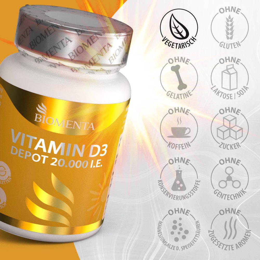 BIOMENTA Vitamin D3 Tabletten - 20.000 IE / St. - 120 Stück - Premiumqualität Tablette, 37.2 g