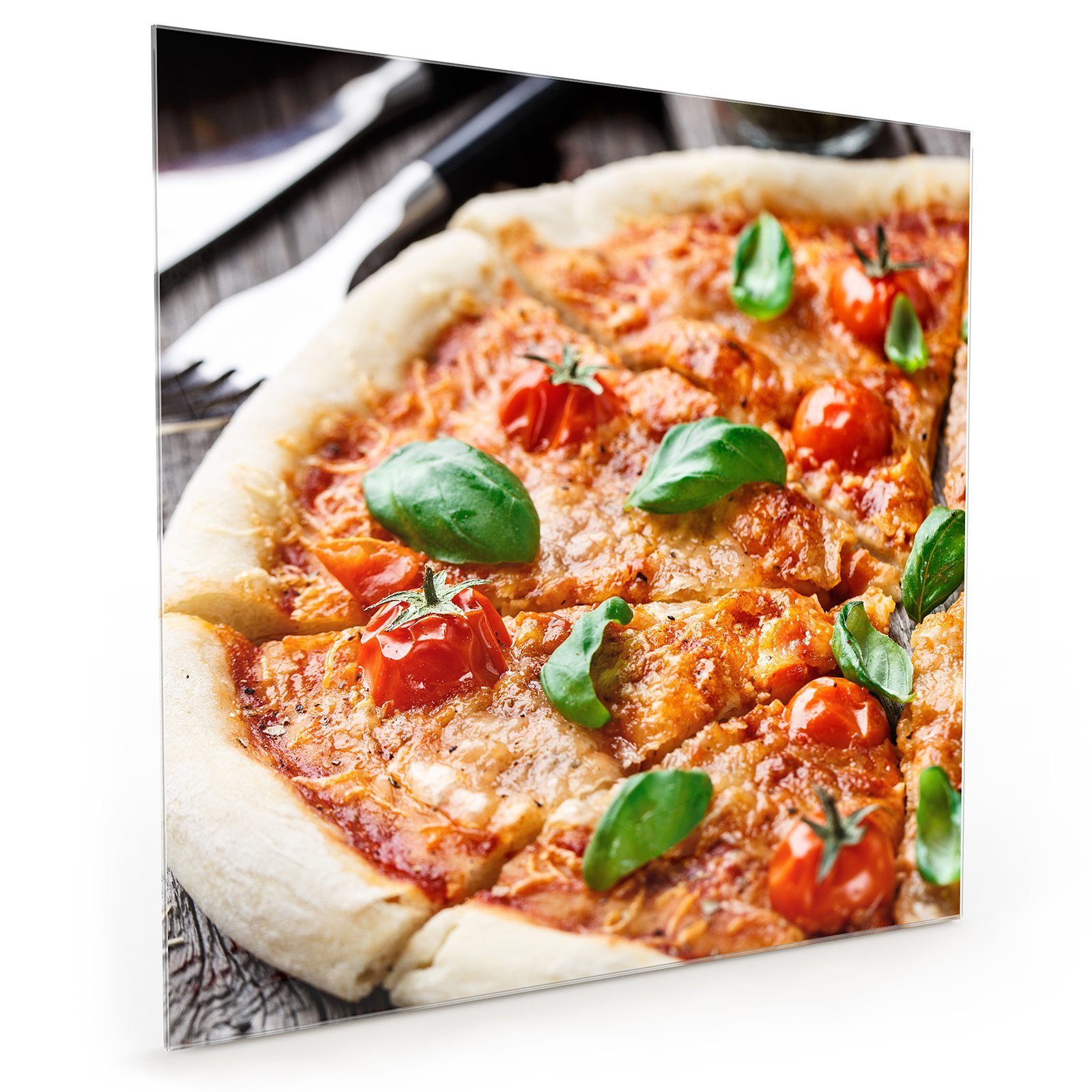 Primedeco Küchenrückwand Spritzschutz Glas Pizza mit Basilikum | Küchenrückwände