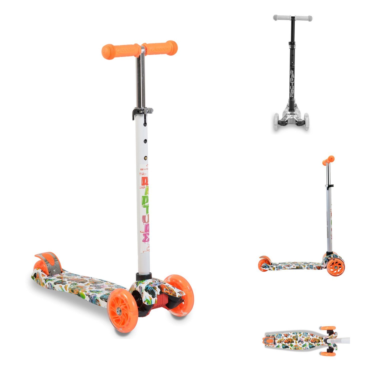 Wassertransferdruck, Leuchträder Alu, Cityroller Aluminium, Byox orange Rapture Kinderroller PU aus