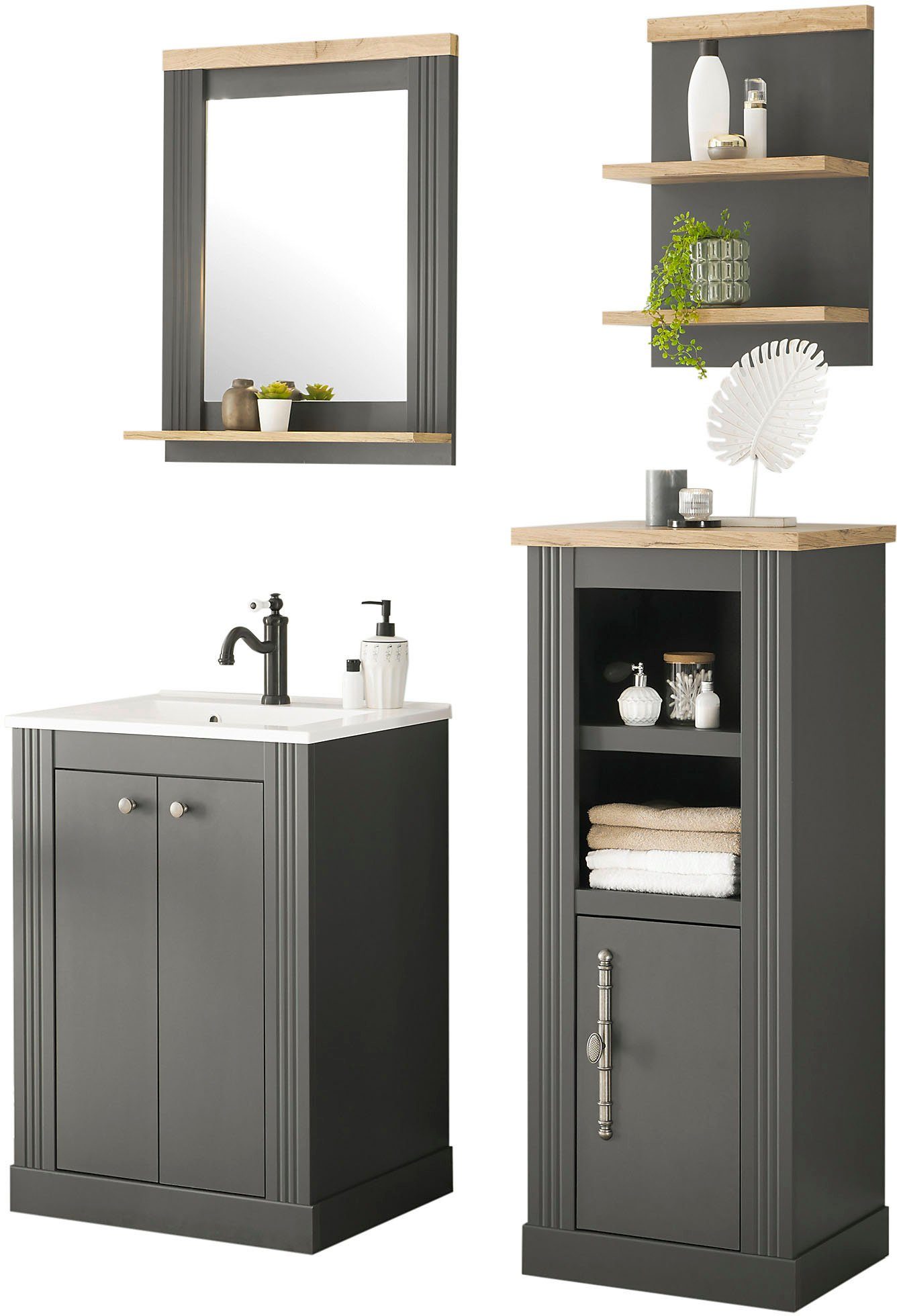 OTTO home Badmöbel-Set WESTMINSTER, Bad im Landhausstil, 4-teiliges Badezimmer, (4-St), Waschtisch, Spiegel, Midischrank, Regal, in 2 Farben, Breite 130 cm