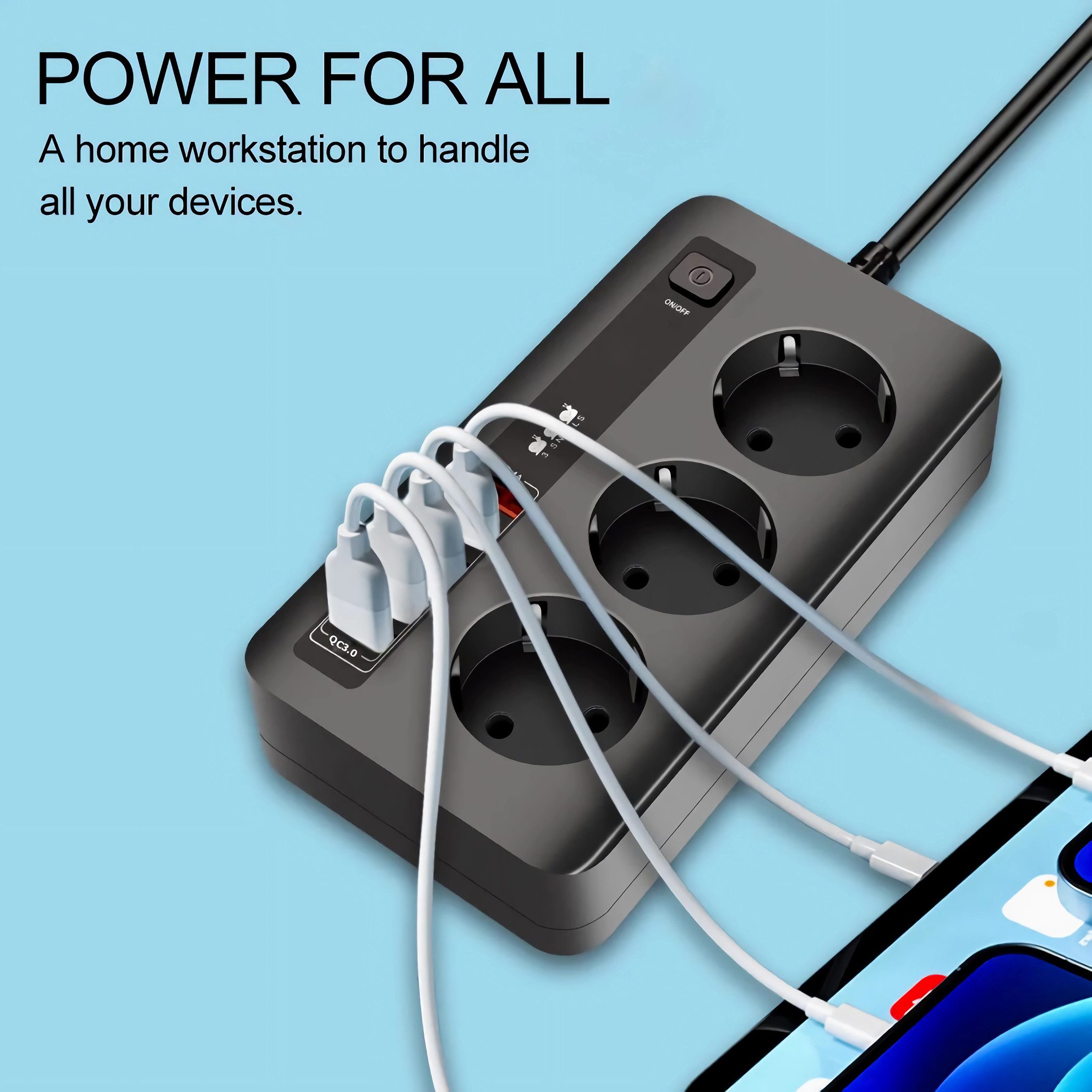 Bolwins D76C Ladegerät Steckdosenleiste Tischsteckdose Steckdose USB-A USB-C Universal-Netzteil (9-in-1 Steckdosenleiste mit 3 Schuko-Steckdosen) – Bild 5 von 5