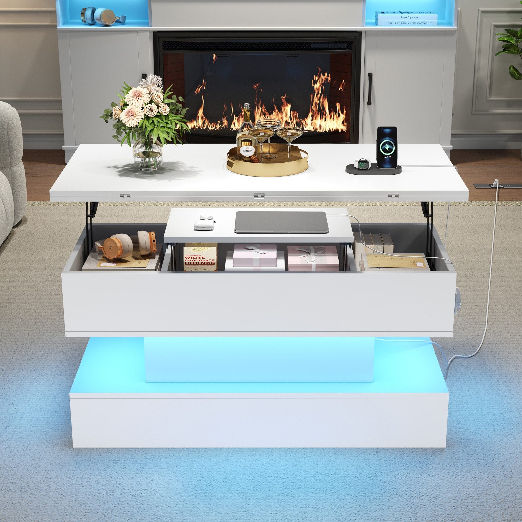 MODFU Couchtisch Sofatisch (höhenverstellbar Satztisch, Beistelltisch, 1-St., 100*50*51.5cm), mit LED, Steckdose, USB-C und USB-Ladebuchse