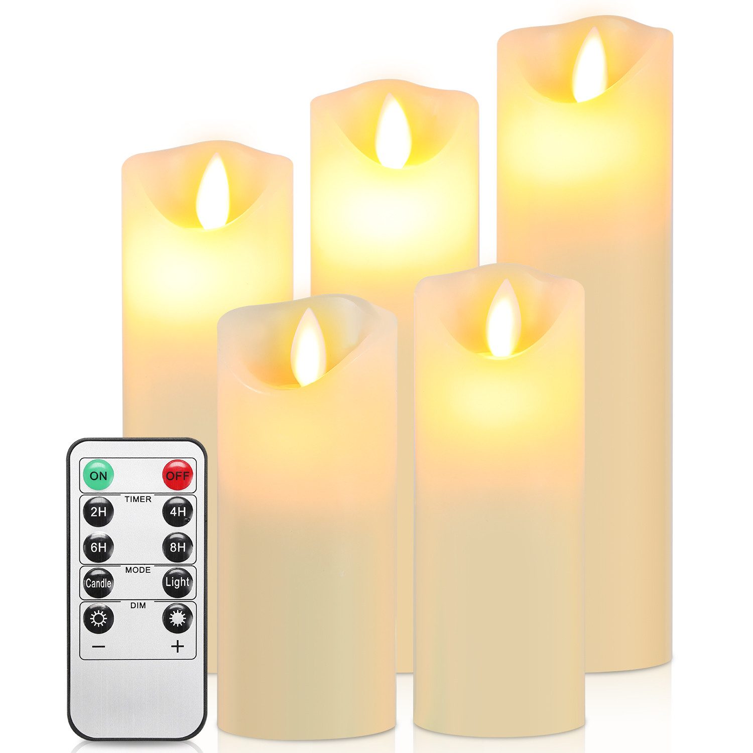 Clanmacy LED-Kerze 5X LED Kerzen Timer Echtwachs flackernde Flamme mit Fernbedienung (5-tlg., mit Fernbedienung Timer), Φ 5,3cm x H. 13 / 14 / 16 / 18 / 20 cm
