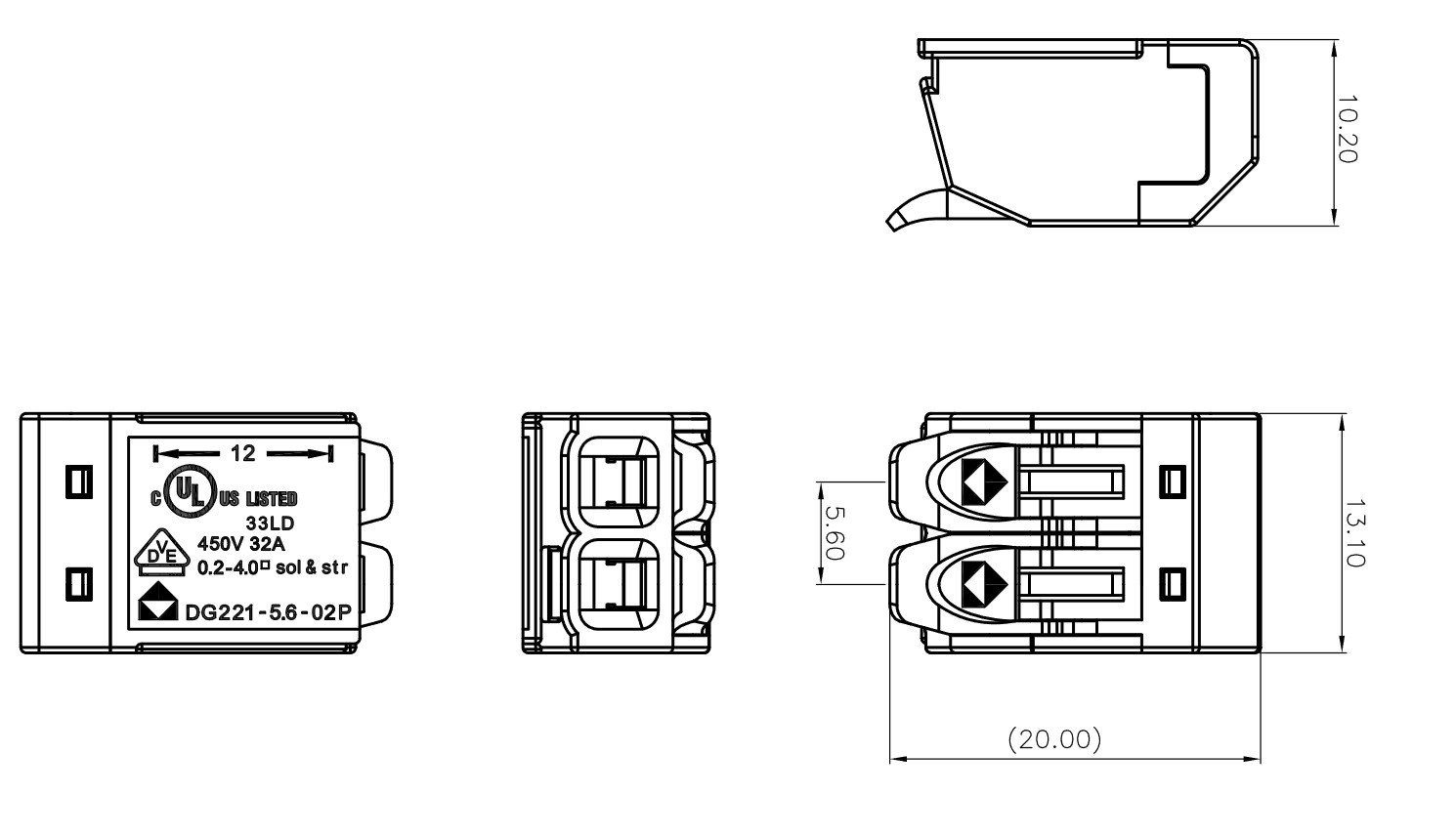 1 Dosenklemme UL 450V VDE Verbindungsdosenklemme Stück 1-tlg. 2x0.2-4.0 Stück, DGN 100 32A mm² Degson