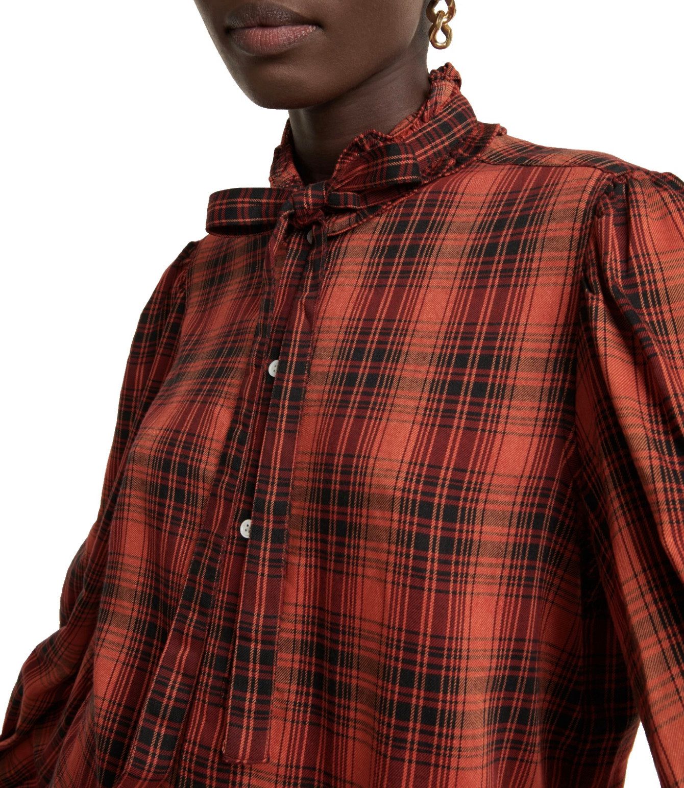 Polo Ralph Lauren ruffled blouse, checked relaxed fit shirt with ruffled collar, relaxed fit ruffled collar with tie, stand-up collar design