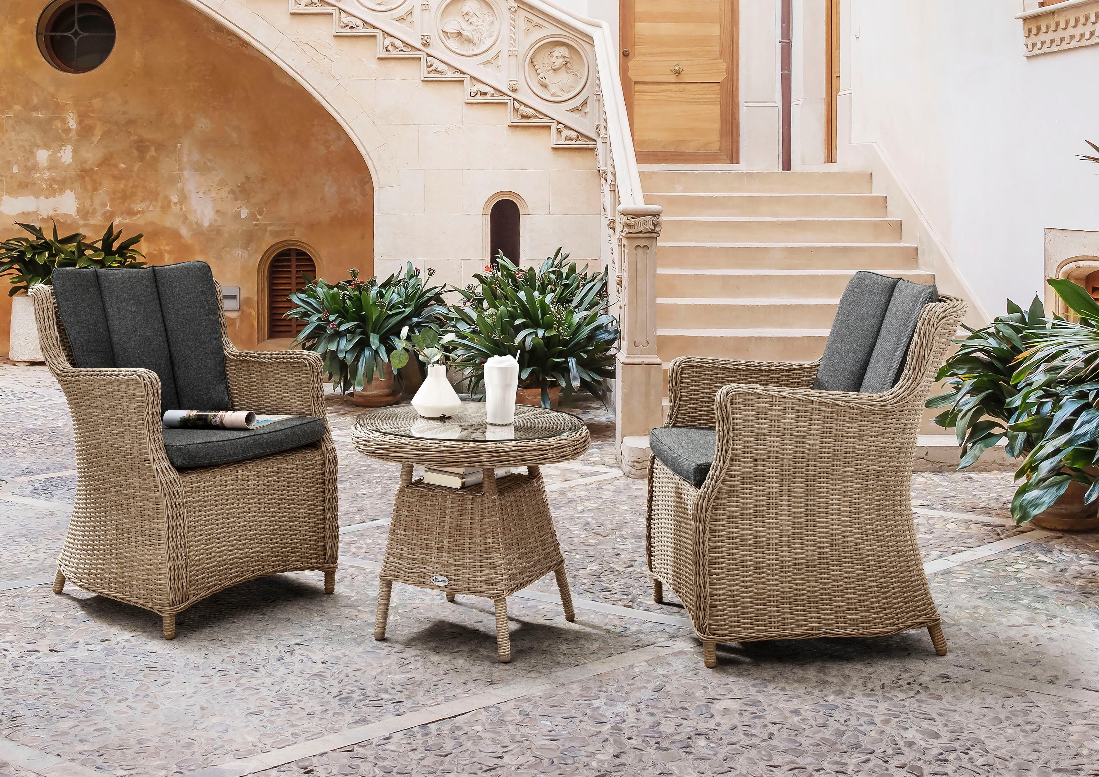 Destiny Balkonset LUNA MALAGA, (7-tlg., 2x Sessel, 1x Beistelltisch, inkl. Auflagen), Aluminium, Polyrattan