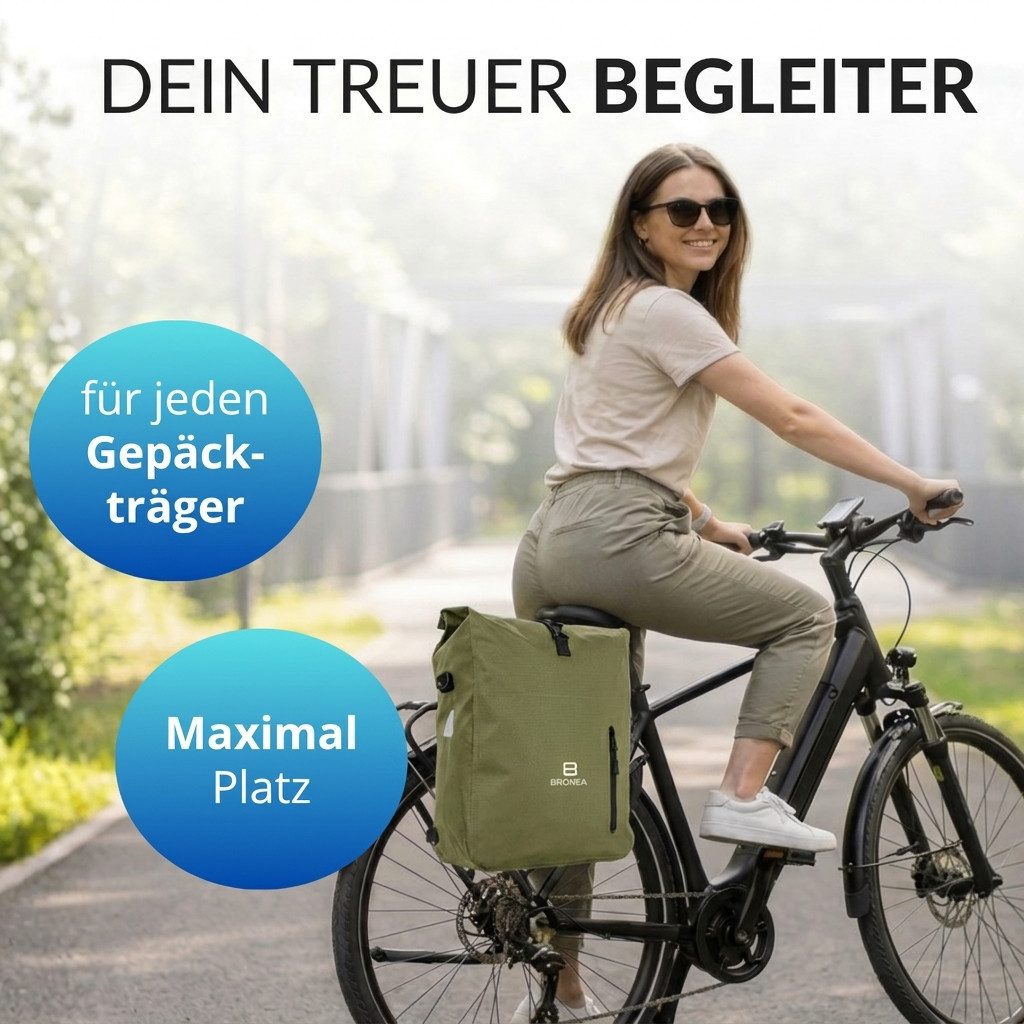 Bronea Fahrradtasche 3 in 1 Wasserdicht - 28L - OLIVEGREEN - Kombi Rucksack & Umhängetasche (Schnellmontage an Gepäckträger, integrierte Laptoptasche), Diamond-Struktur Laptoptasche 100% Wasserdicht Reflektierende Elemente