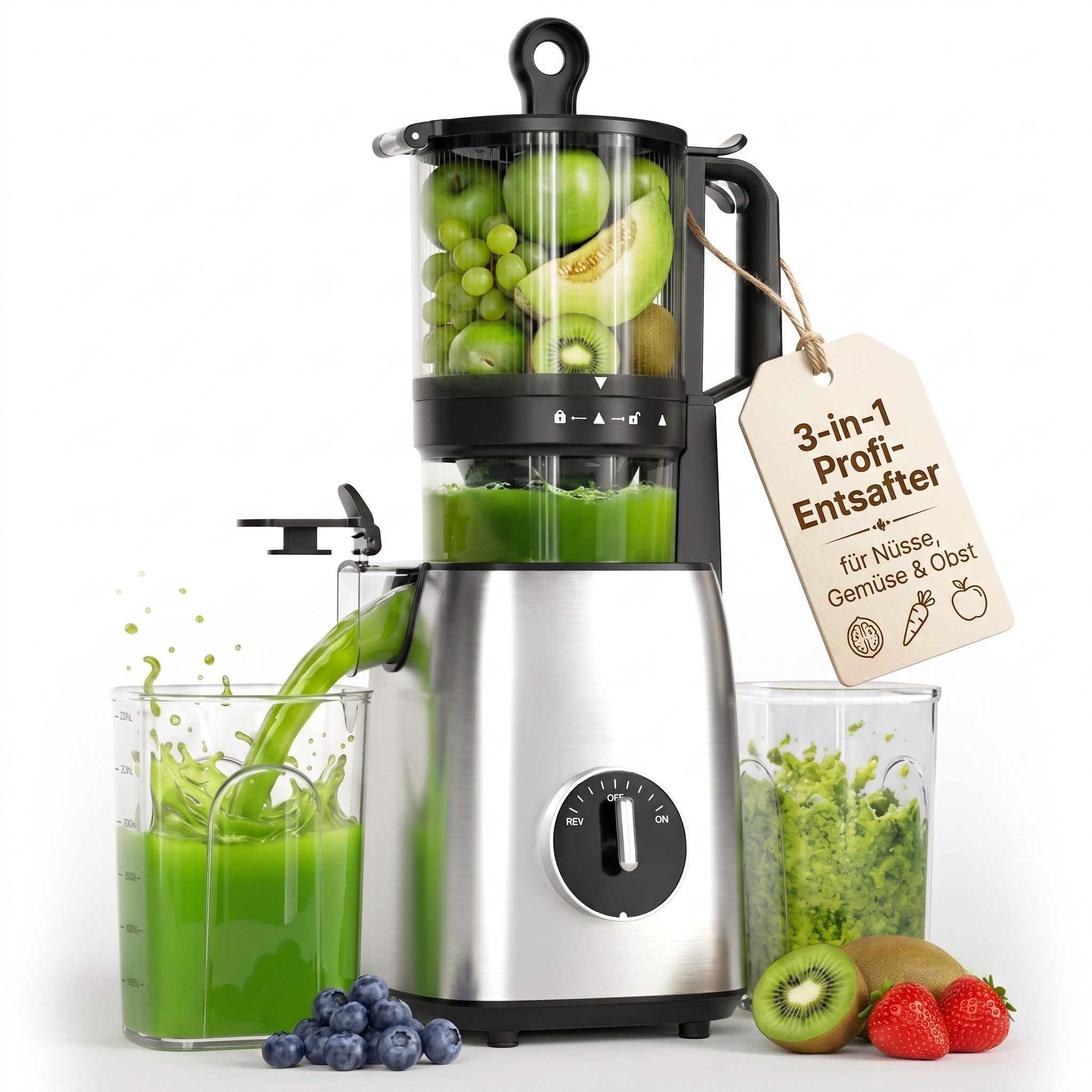 Kismile Entsafter mit modernem Touchscreen, 135 mm XXL-Einfüllschacht, 300 W, Hohe Saftausbeute für Gemüse & Obst, Schlankes Design