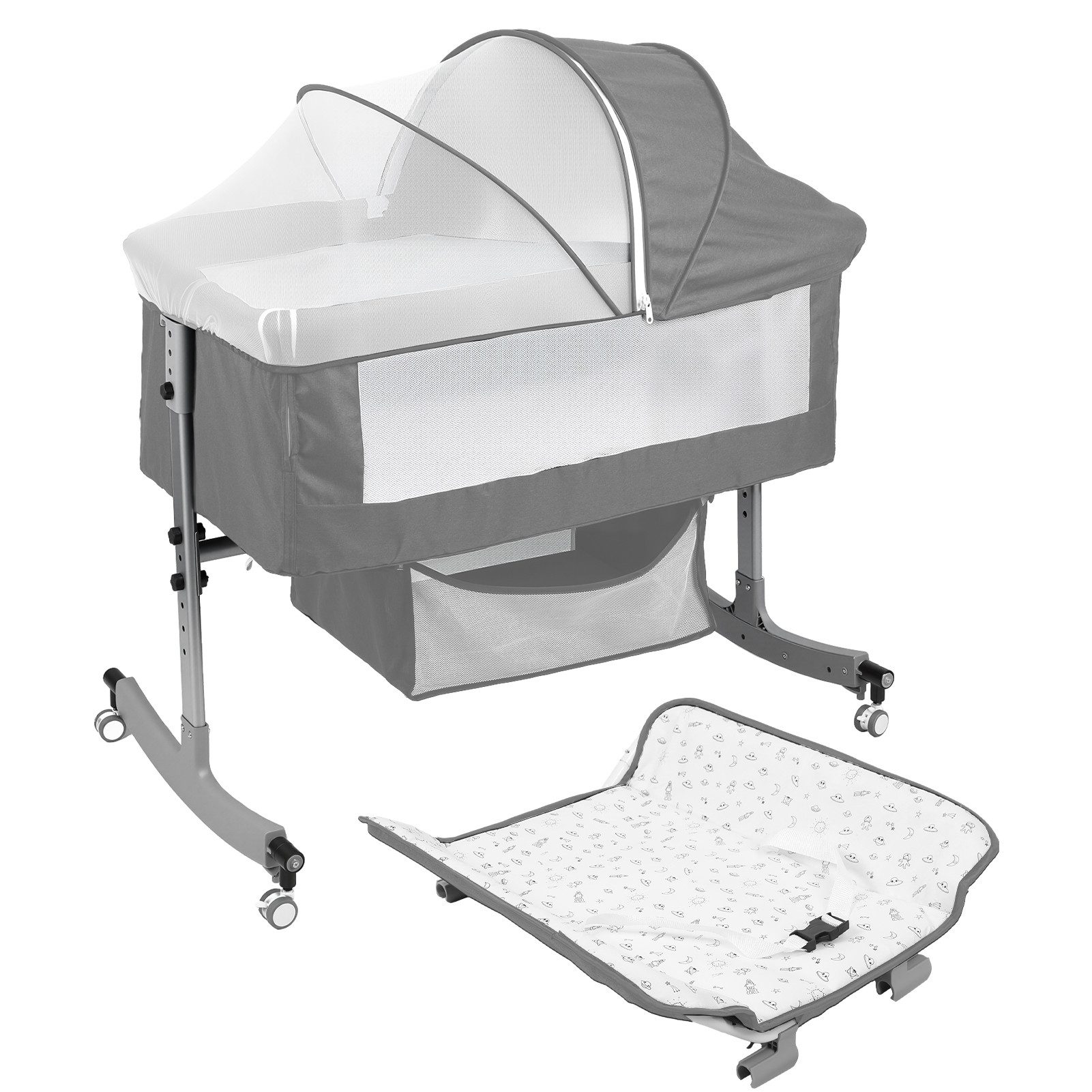Rutaqian Beistellbett Beistellbett Baby 4in1 mit Wickelaufsatz, höhenverstellbar, Co-Sleeper, Mit Wickelaufsatz, Stauraum, Moskitonetz und flexibel mobil nutzbar