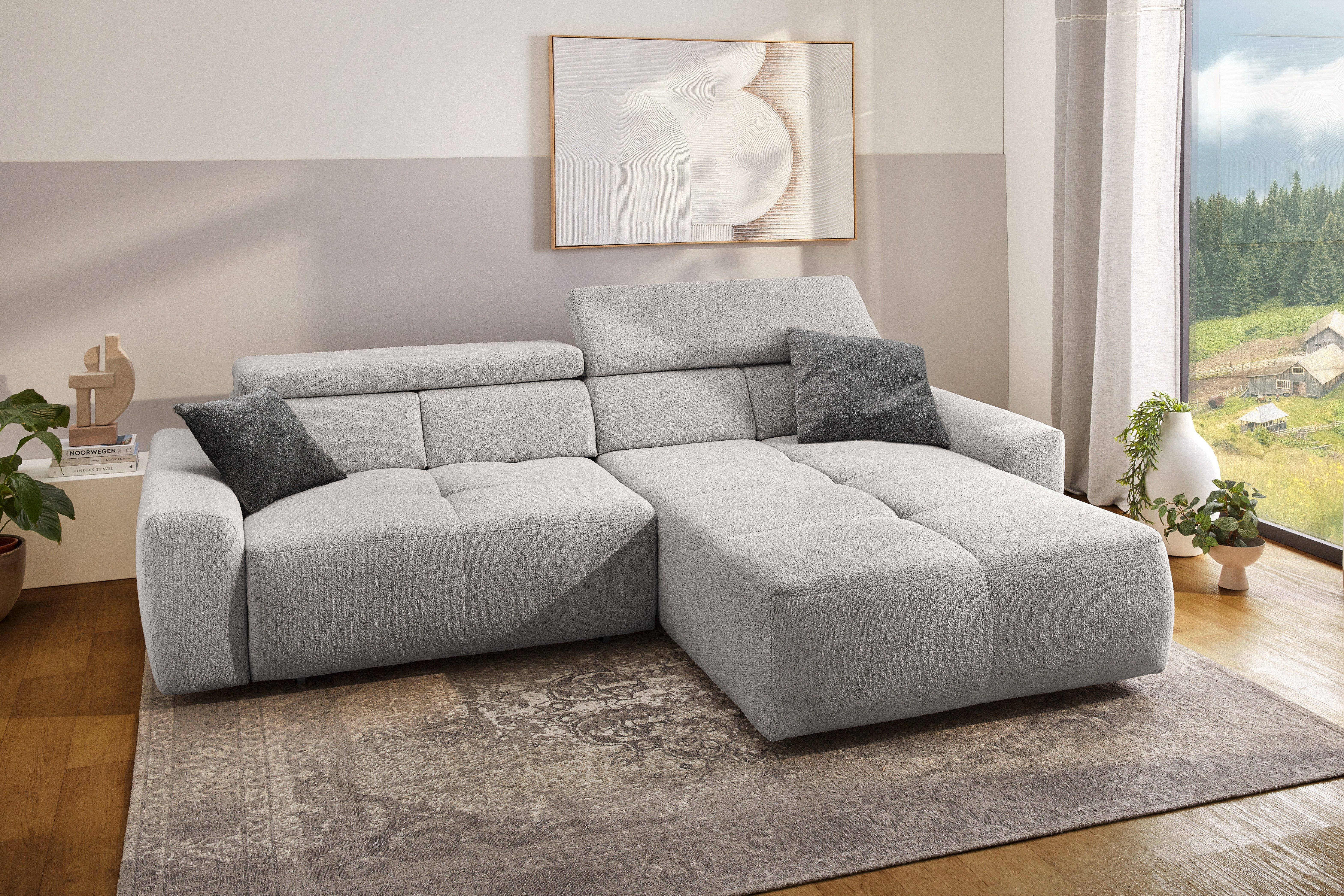 Jockenhöfer Gruppe Ecksofa Unos L-Form, B: 299 cm, mit 60 cm elektr. Sitztiefenverstellung, 140kg Belastbarkeit, USB-Anschluss, Kopfteilverstellung & Zierkissen