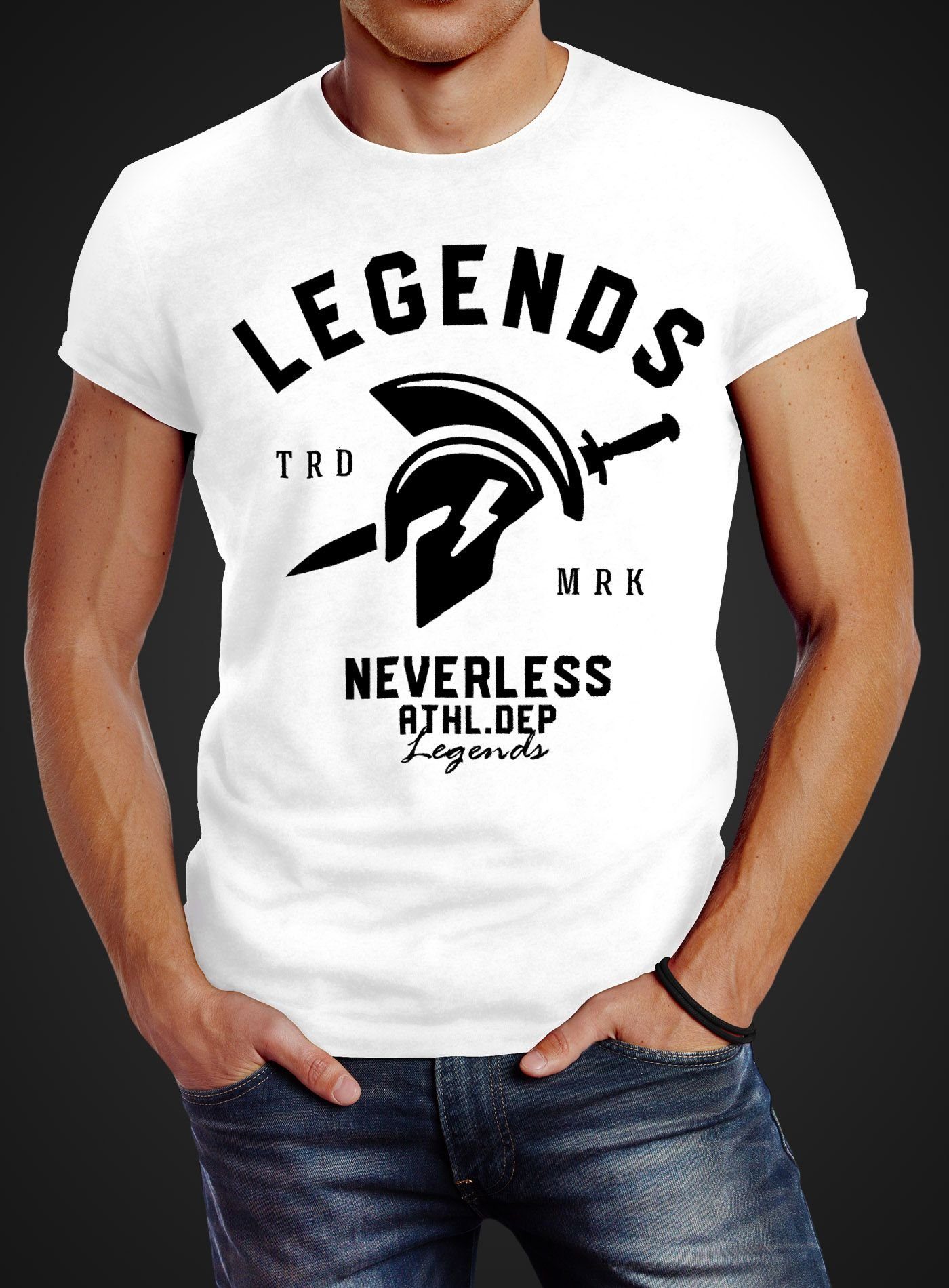 Sparta Herren Neverless® Fitness Gym Sport Cooles weiß T-Shirt Print-Shirt Gladiator Athletics Print Legends Neverless mit