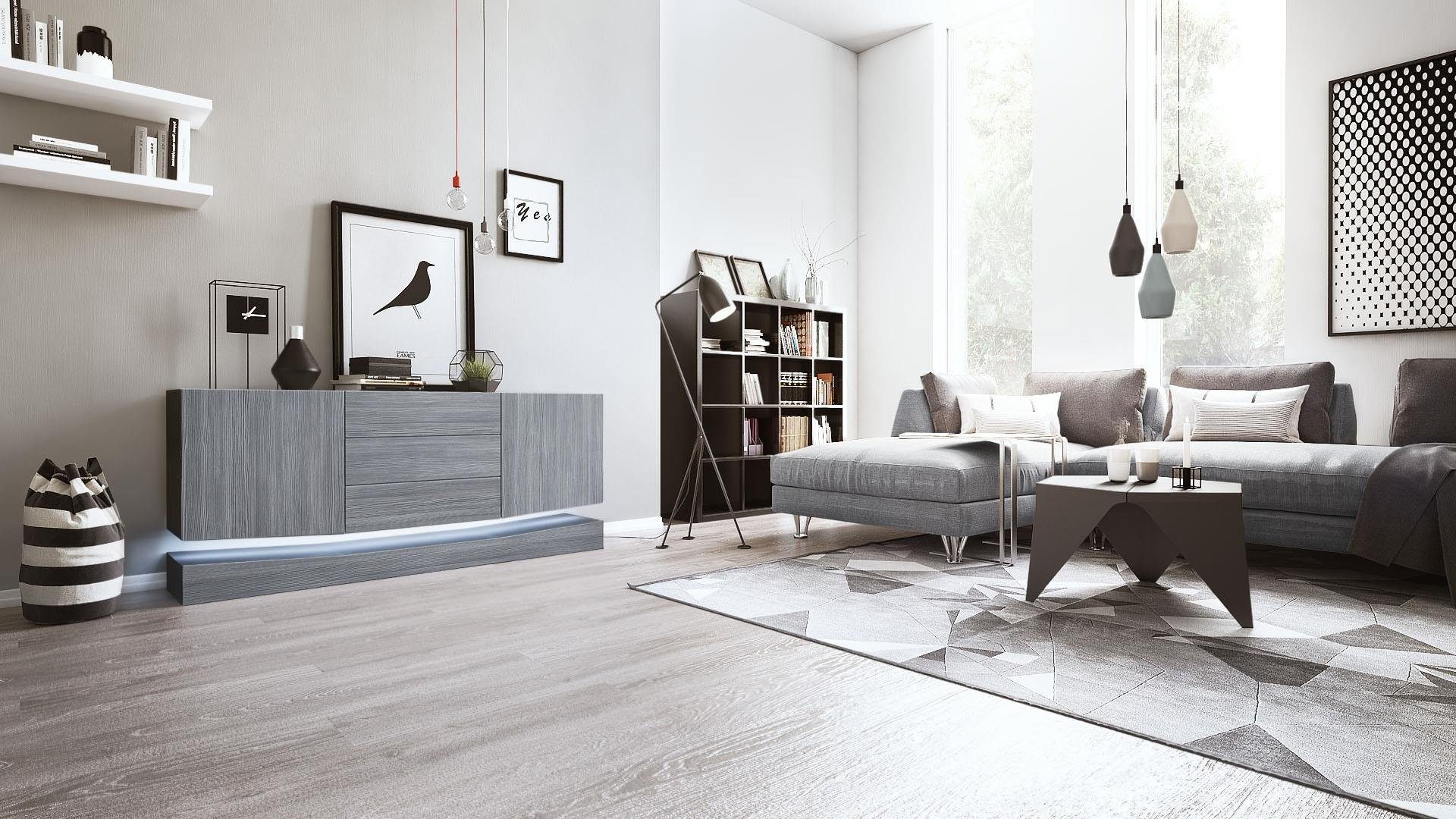 Vladon Sideboard City (Kommode mit 2 Türen, und 3 Schubladen inkl. LED-Bele günstig online kaufen