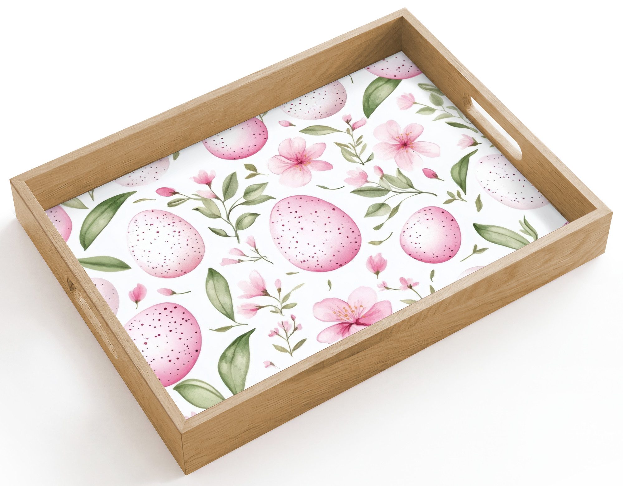 OnlyWow Tablett Rechteckig mit Henkel Muster - Eier - Rosa - Ostern, Eichenholz, (1-tlg), Siervierplatte, Tray, Frühstücksbrett
