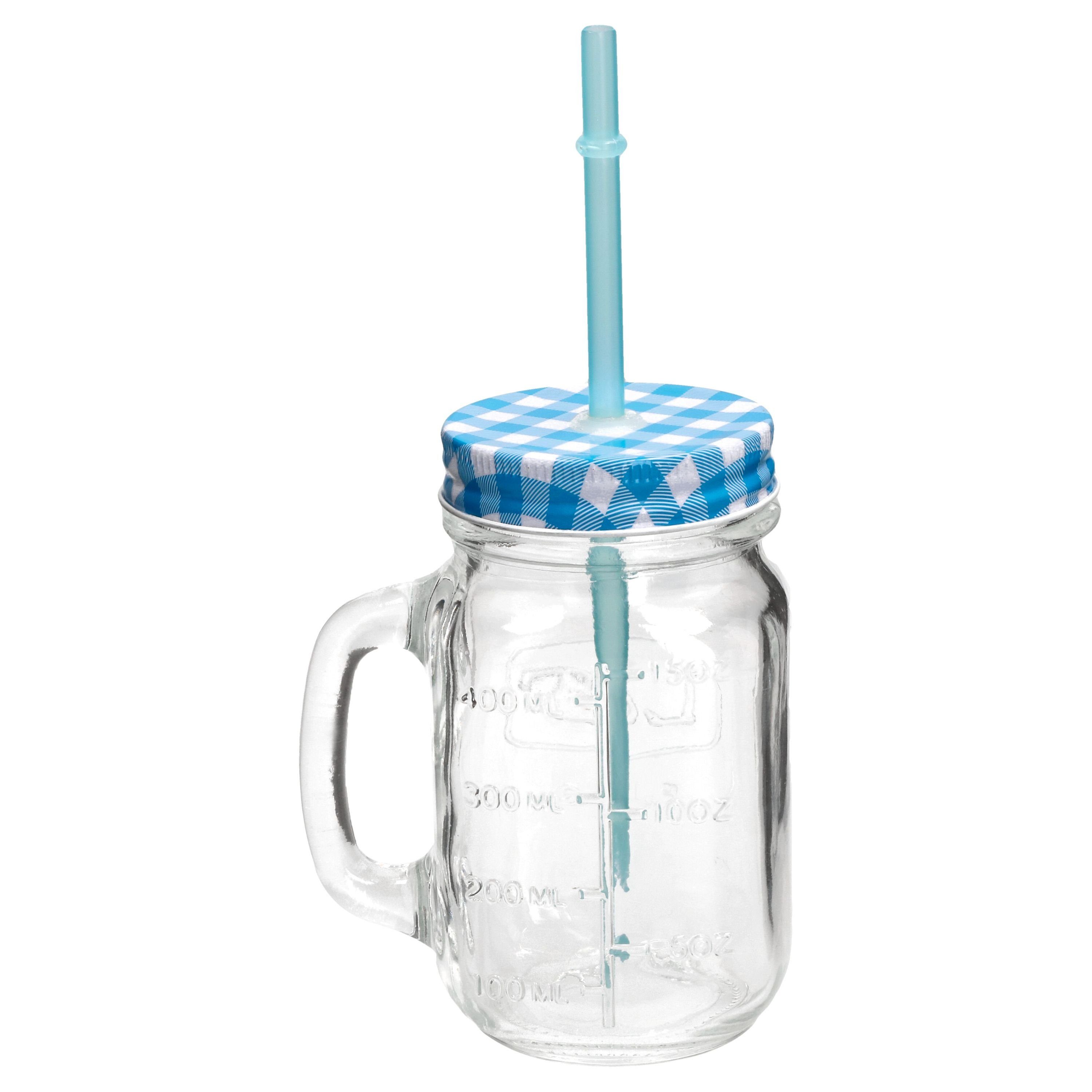 blau Trinkhalm Henkel Glas kariert 4er Glas und Trading mit Glasbecher Set 0,5L, HIT Deckel