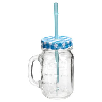 HIT Trading Glas 4er Set Glasbecher mit Henkel Deckel und Trinkhalm blau kariert 0,5L, Glas