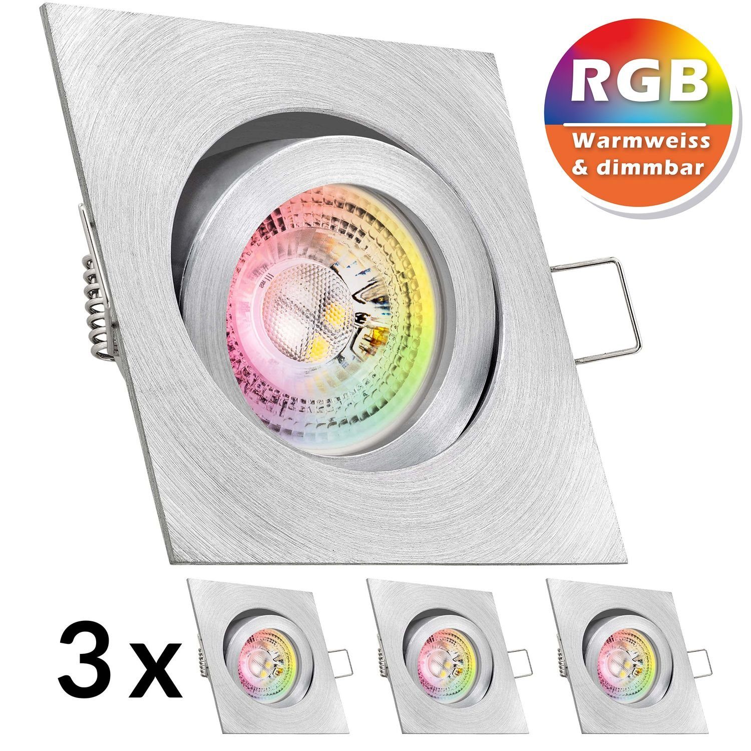 LEDANDO LED Einbaustrahler 3er RGB LED Einbaustrahler Set GU10 in aluminium matt mit 3W LED von L