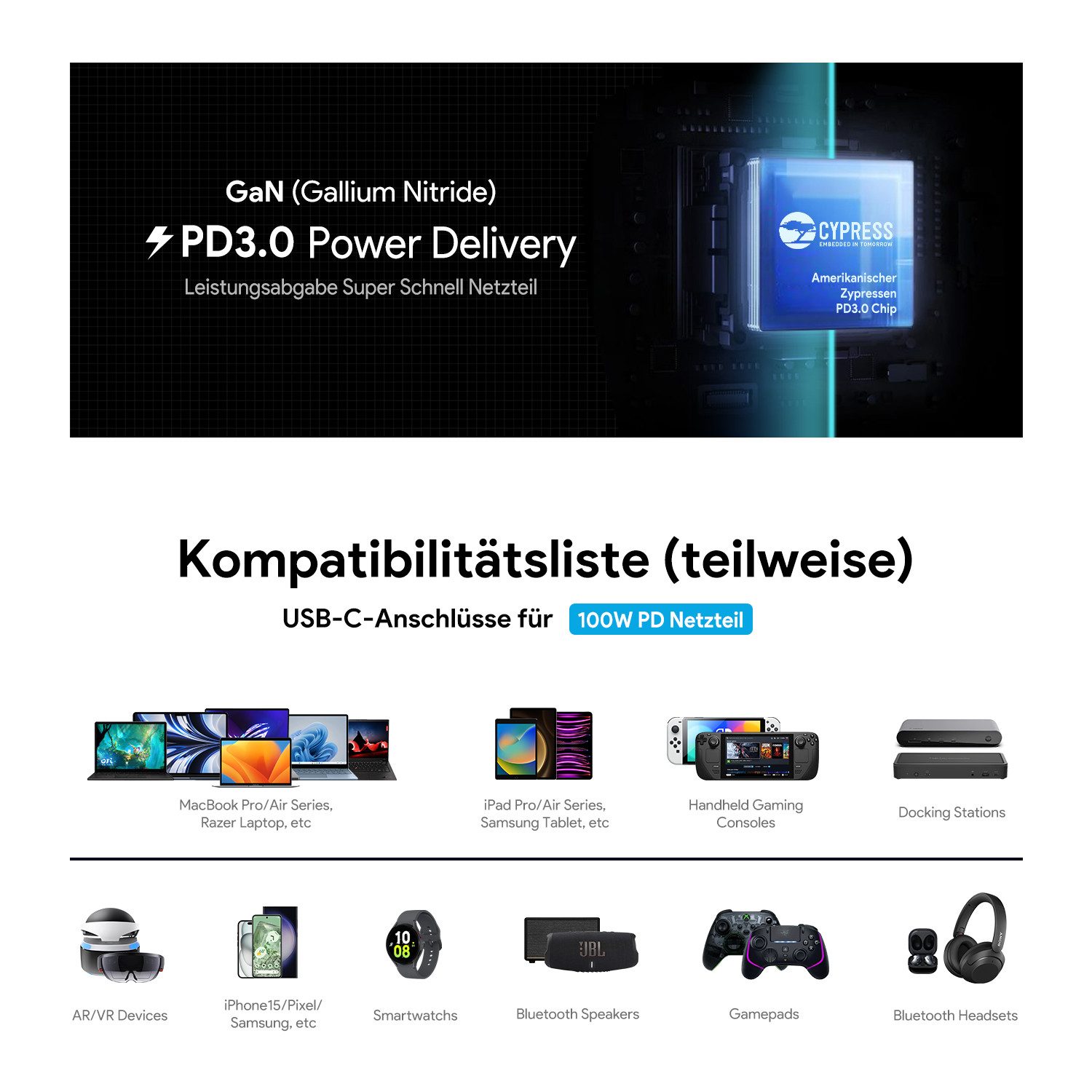 HKY 100W USB C Laptop Netzteil für Lenovo ThinkPad X1 Carbon 5/6/7th Gen Notebook-Netzteil (Google Chromebook Pixel XL/ASUS Chromebook ZenBook/Dell XPS/Xiaomi Air)