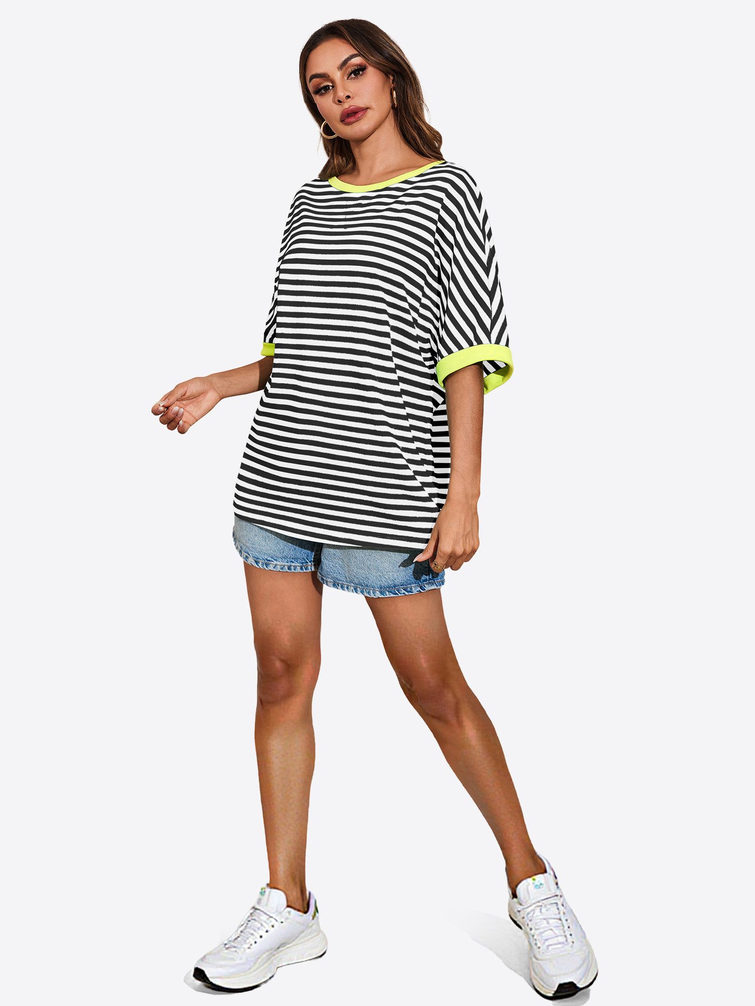 Imily Bela T-Shirt Damen Oversize Streifenmuster und Kontrastborten Relaxed Fit (Packung, 1-tlg., 1per-Pack) mit X-förmige Naht am Hundhalsausschnitt