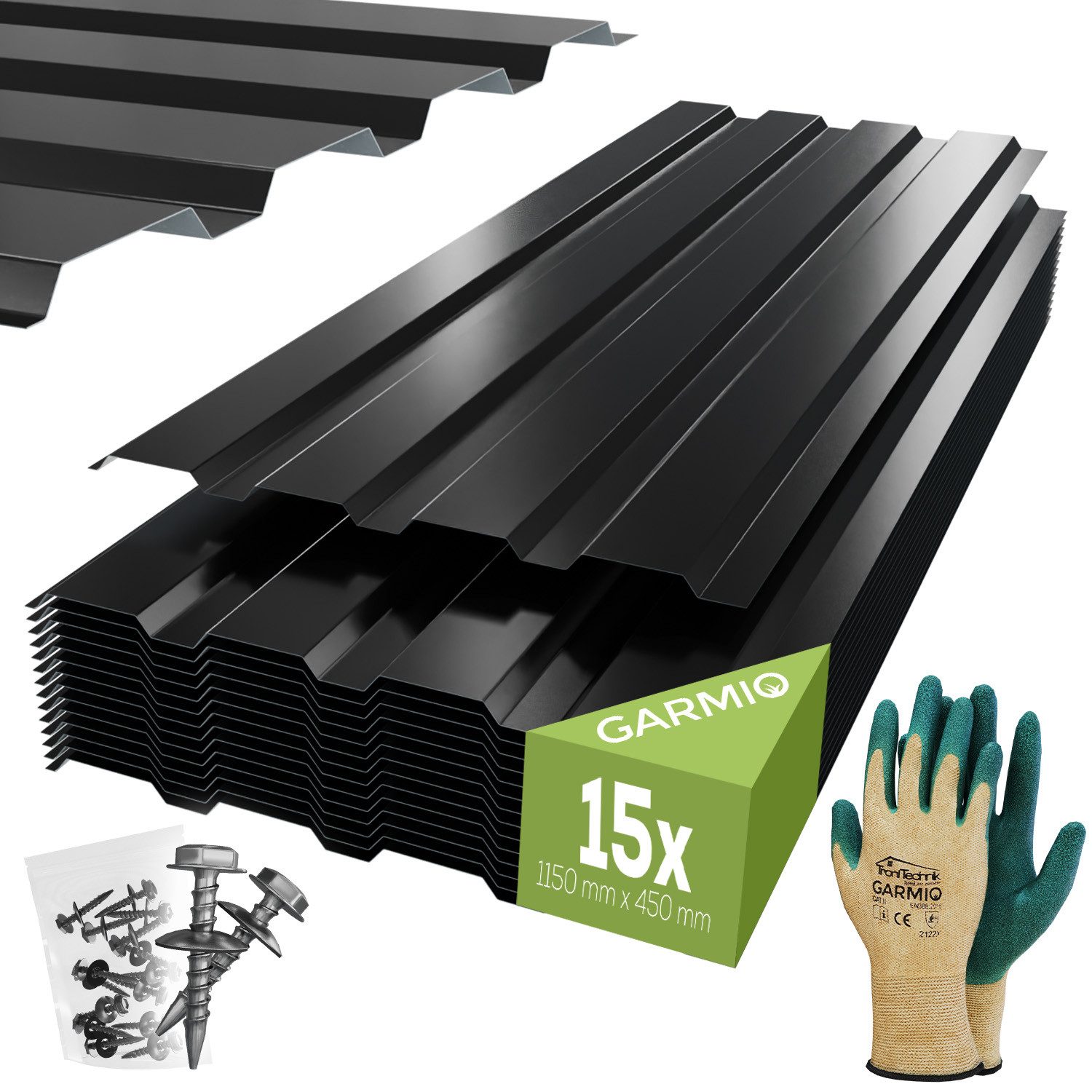 GARMIO Trapezblech Trapezblech 15er Set, Dachplatten 0,25mm, (Wellblechplatten aus verzinktem Stahl inkl. Schrauben) Profilblech schwarz 115x45 cm, 7,8 m²