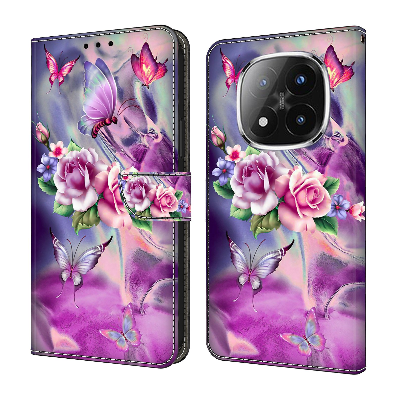 CLM-Tech Handytasche für Xiaomi Redmi Note 14 Pro PLUS 5G Hülle aus PU-Leder Klapphülle (lila Blumen Schmetterlinge, Handyhülle mit Standfunktion - Wallet Flip Case inklusive Kartenfächer), Cover mit Magnetverschluss Xiaomi Redmi Note 14 Pro+ 5G Schutzhülle