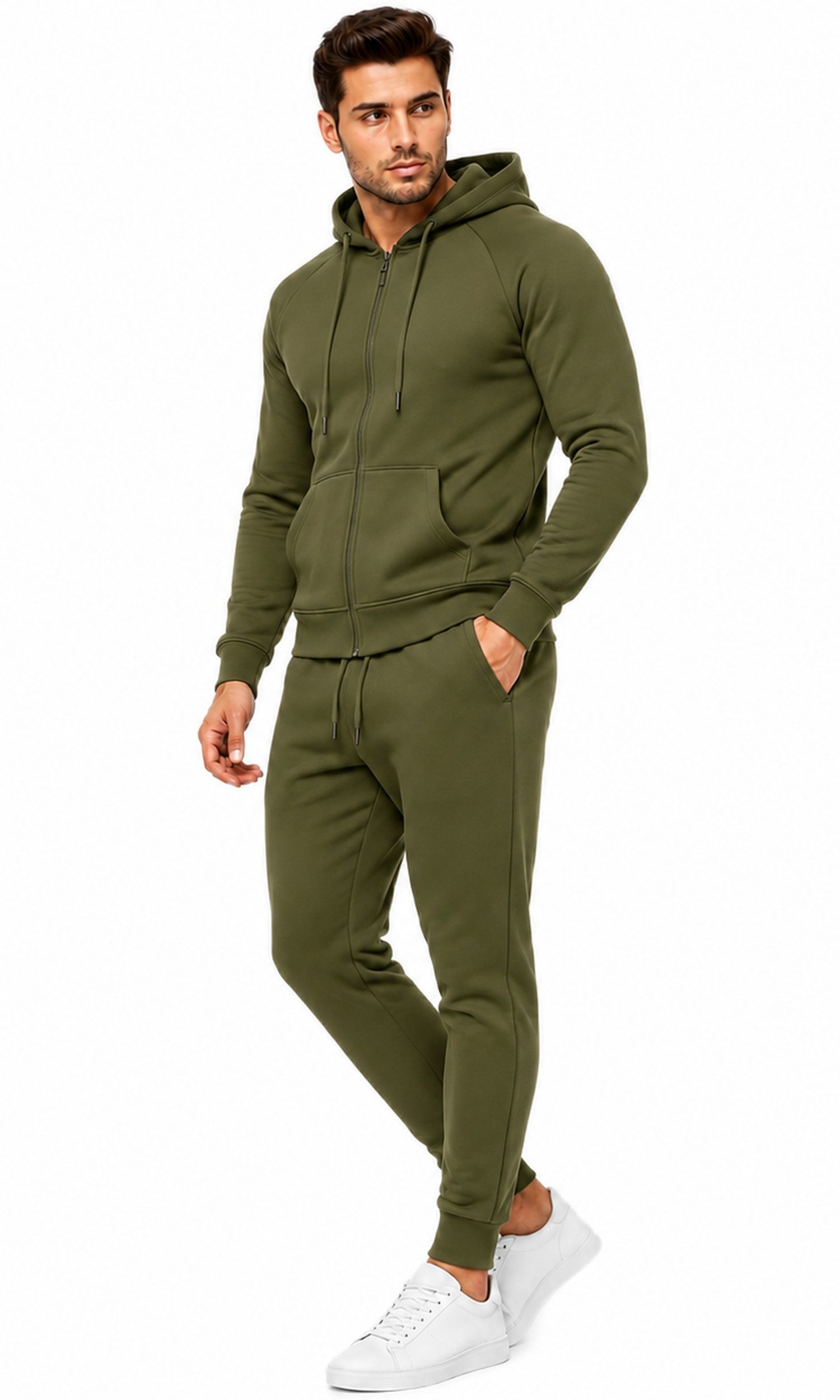 L.gonline Freizeitanzug Herren Jogginganzug einfarbig 100% BW 586 Oliv XL (Kapuzenjacke mit Reißverschluss, Hose, 2-tlg), Fitness Freizeit Casual