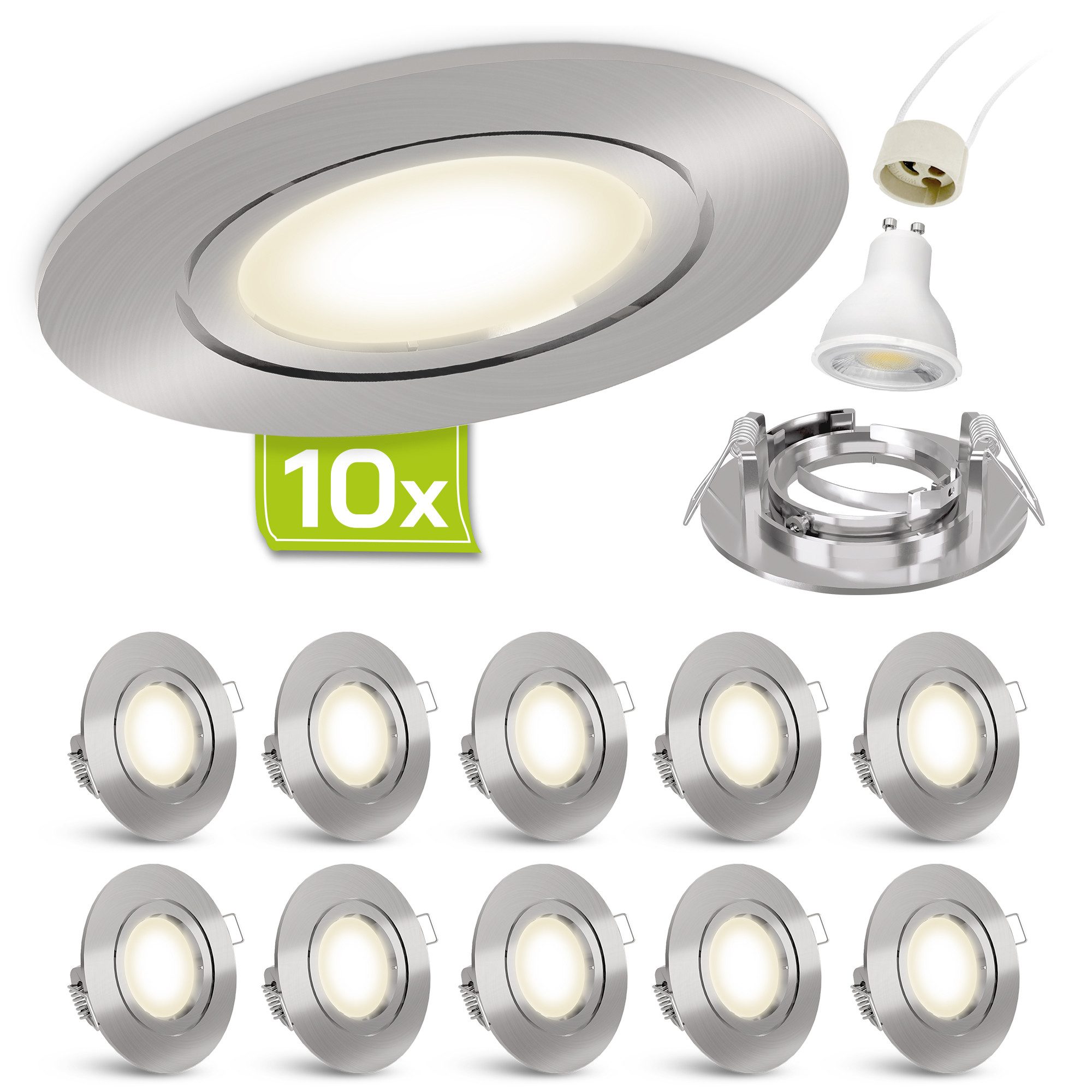 linovum LED Einbaustrahler 10x LED Einbaustrahler Spots neutralweiß GU10 3W gebürstet Deckenlampe, Neutralweiß