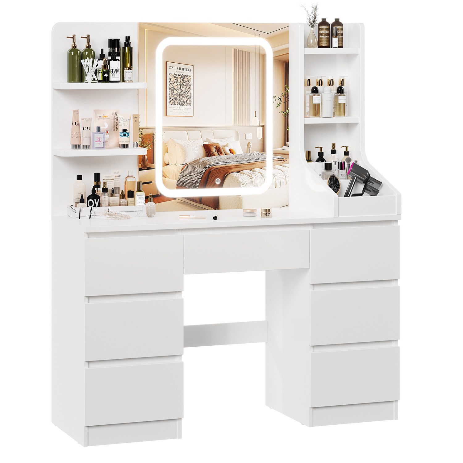 HOMALL Schminktisch Eingebaute LED-Beleuchtung, einstellbare Helligkeit, mit 7 Schubladen (GroBe 110*40*139cm Bestes Geschenk fur Ehefrau/Tochter)