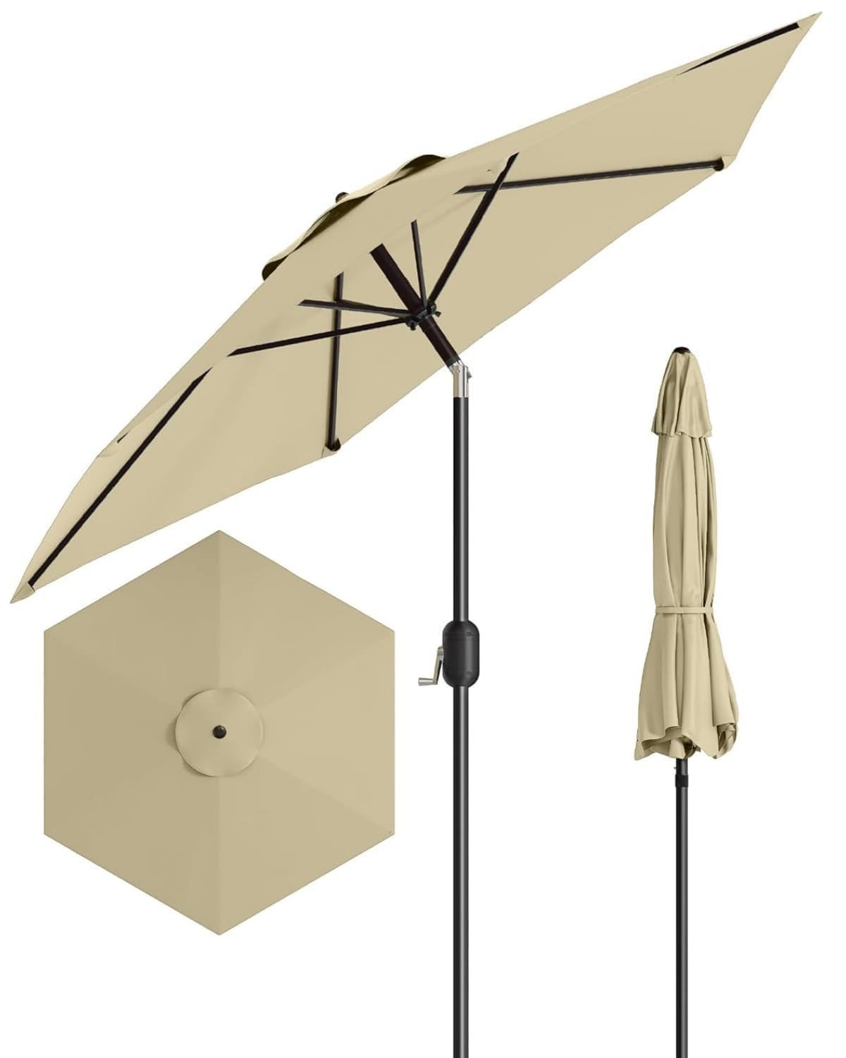 GarveeMore Sonnenschirm 215cm mit Kurbel, UV-Schutz und wasserabweisend,Gartenschirm, 6 robuste Stahlrippen, pulverbeschichteter Mast, Polyester-Bespannung