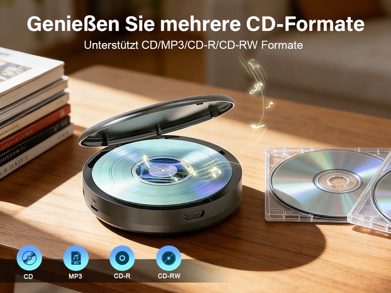Greadio CD35 Tragbarer CD-Player Discman mit Bluetooth & Akku, FM-Sender tragbarer CD-Player