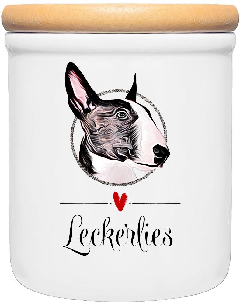 Cadouri Vorratsdose BULLTERRIER - Leckerlidose Hund - für Hundekekse, Keramik, (Leckerlidose mit Hunderasse, 2-tlg., 1x Keramikdose mit Holzdeckel), Hundekeksdose, handgefertigt in Deutschland, für Hundebesitzer, 400 ml
