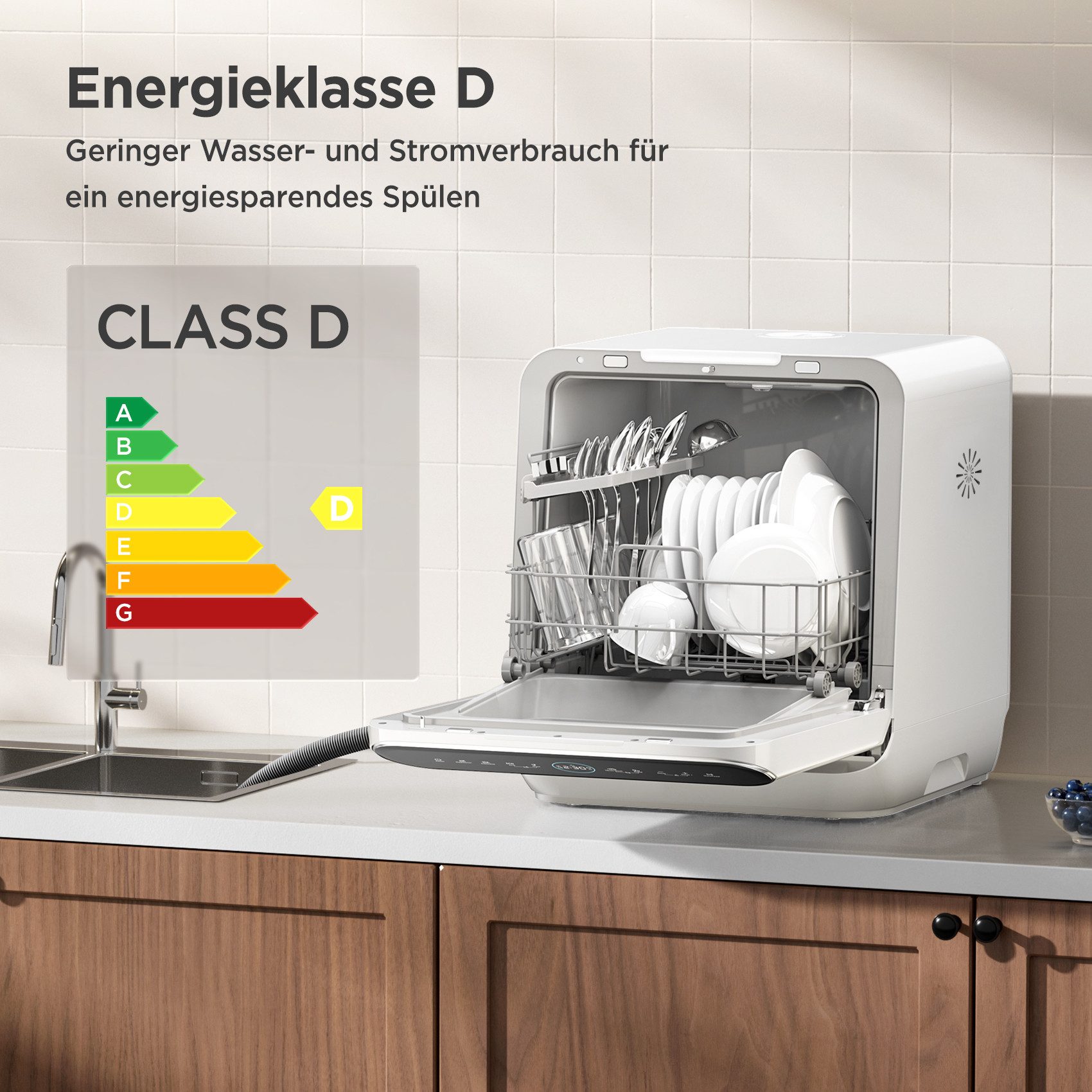 Midea Tischgeschirrspüler MDWMT0305EW-WE, 3 Maßgedecke, mit/ohne Festwasseranschluss, Automatischer Türöffner, IOT – Bild 4 von 5