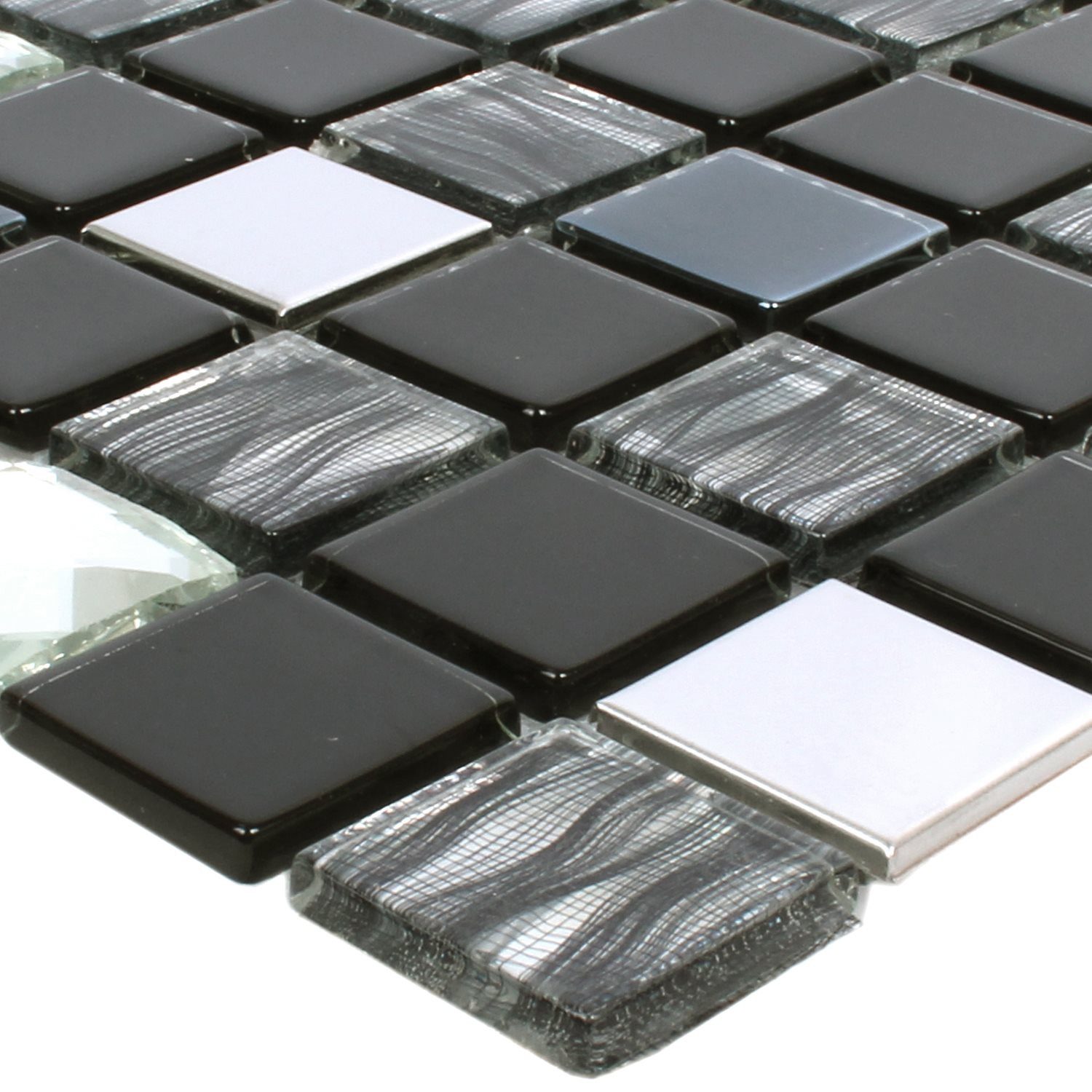 Mosafil Mosaikfliesen Mosaikfliesen Malaya Schwarz Silber Quadrat, Glas-Edelstahl 30.000x30.000, schwarz-grau-silber, Verlegefertig auf ein Netz geklebt - Wasserfest