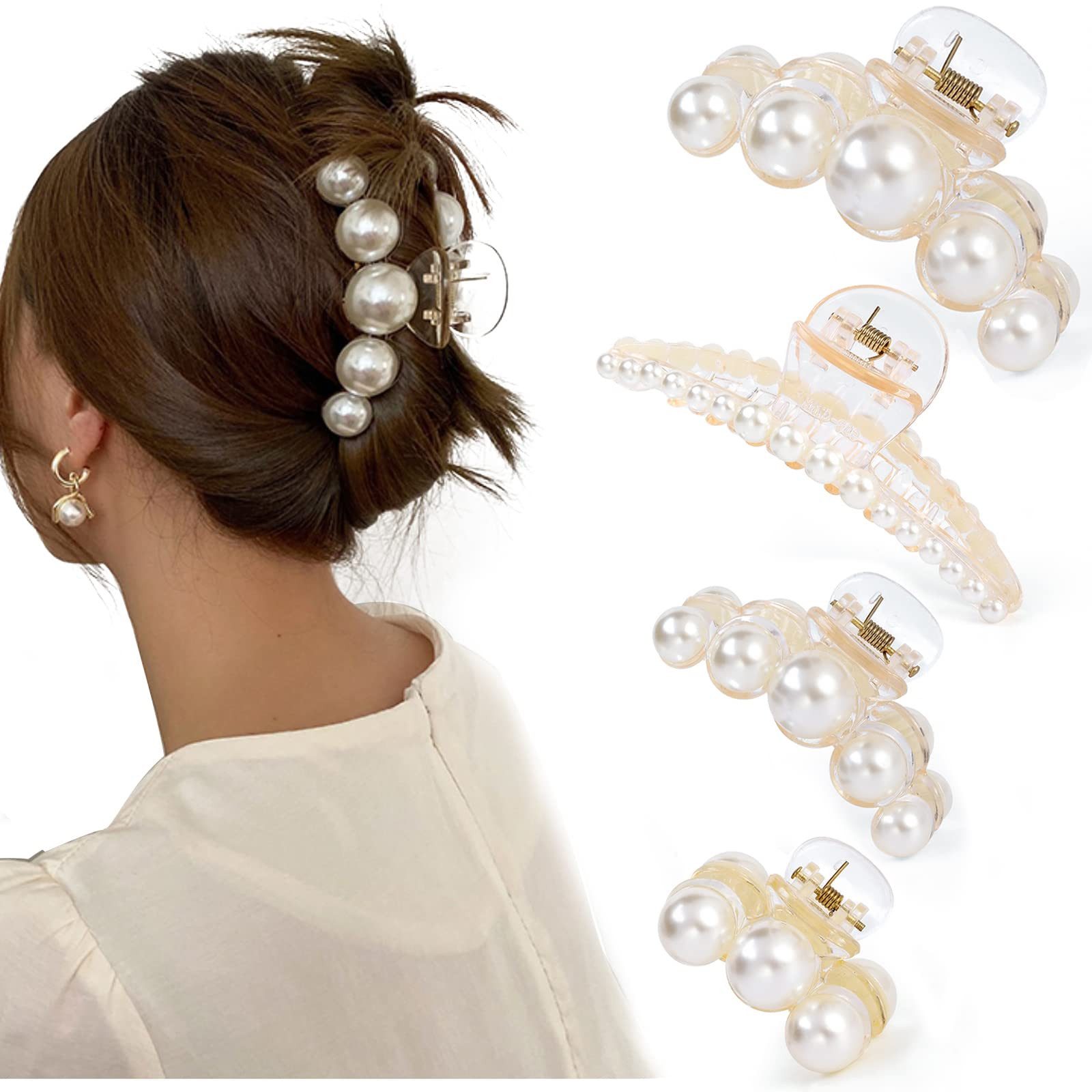 HYTIREBY Haarspange 4 Stück große Perlen-Haarklammern für Frauen und Mädchen, 4-tlg., modisches Haar-Zubehör, Kopfbedeckung, Styling-Werkzeuge für Party