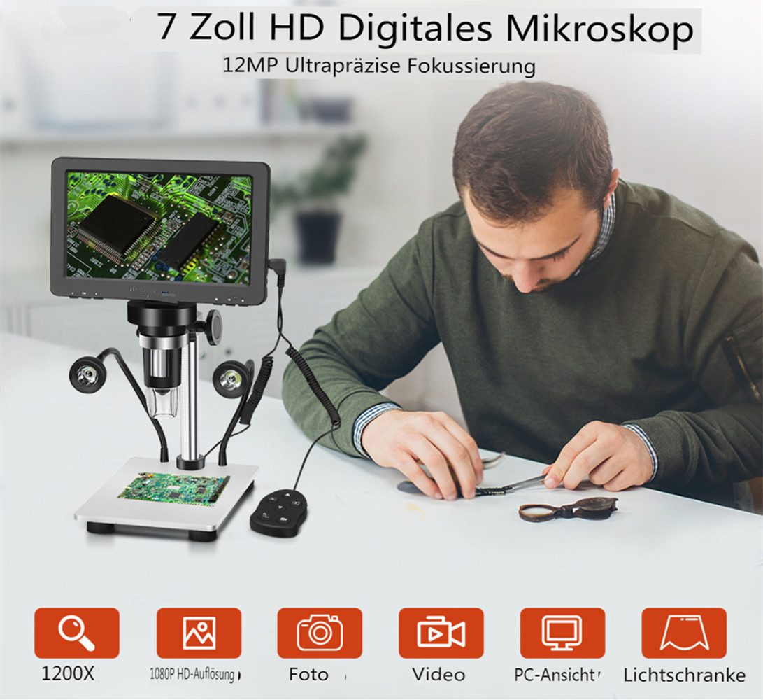 Insma Digitalmikroskop (7 Zoll 12MP 1200X 1080P HD mit Reflektorabdeckung, LED-Licht, Fokus)