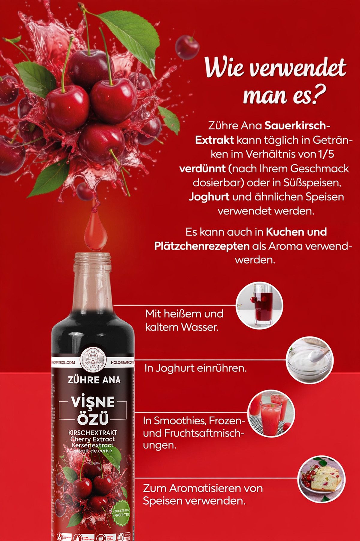 Zühre Ana® Sirup Kırsch Extrakt 640 g – 100 % Frucht, Konzentrat, Natürlich, 1+5, 640 g, Aroma und leicht säuerlicher Geschmack, Mischungsverhältnis: 1+5