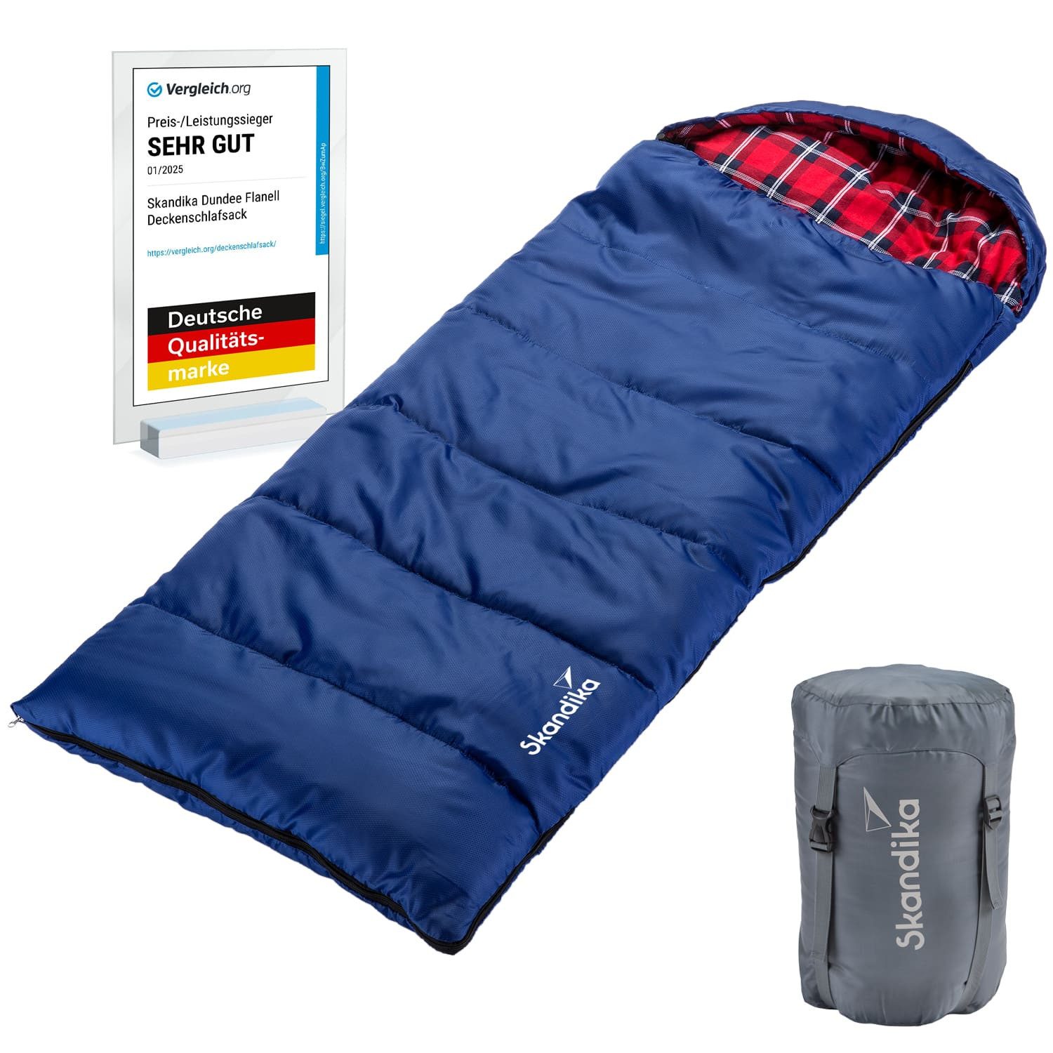 Skandika Kinderschlafsack Dundee Junior, 2-Wege Reißverschluss, Innentasche mit Klett, Packsack (Wärmeisolierender Stoffsteg gegen Kältebrücke), Baumwollflanell, wasserabweisend, 3 Jahreszeiten, bis -15 °C