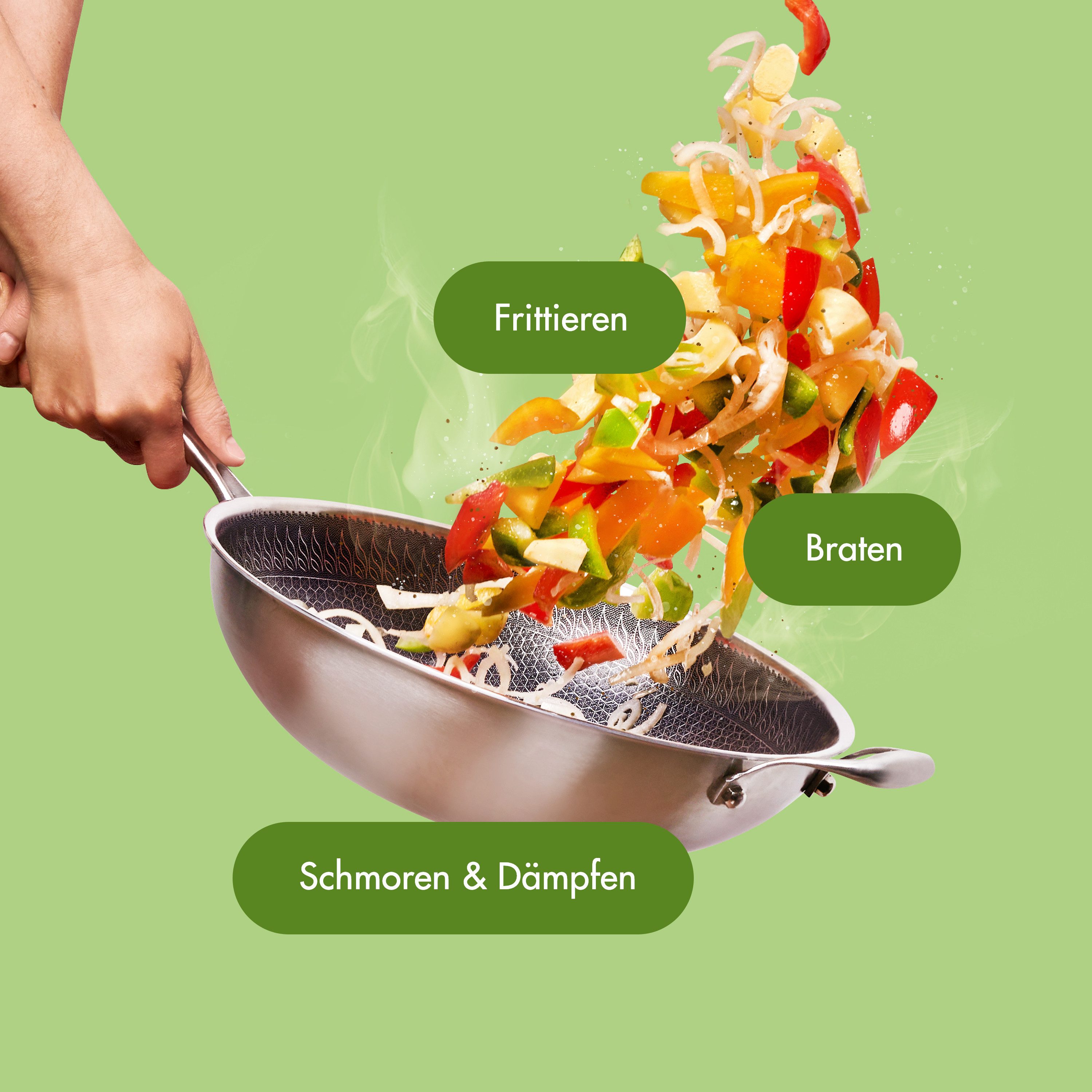 Reishunger Wok Premium Wok, Edelstahl (Wok mit Glasdeckel), für Induktions-, Ceran- oder Gasherd