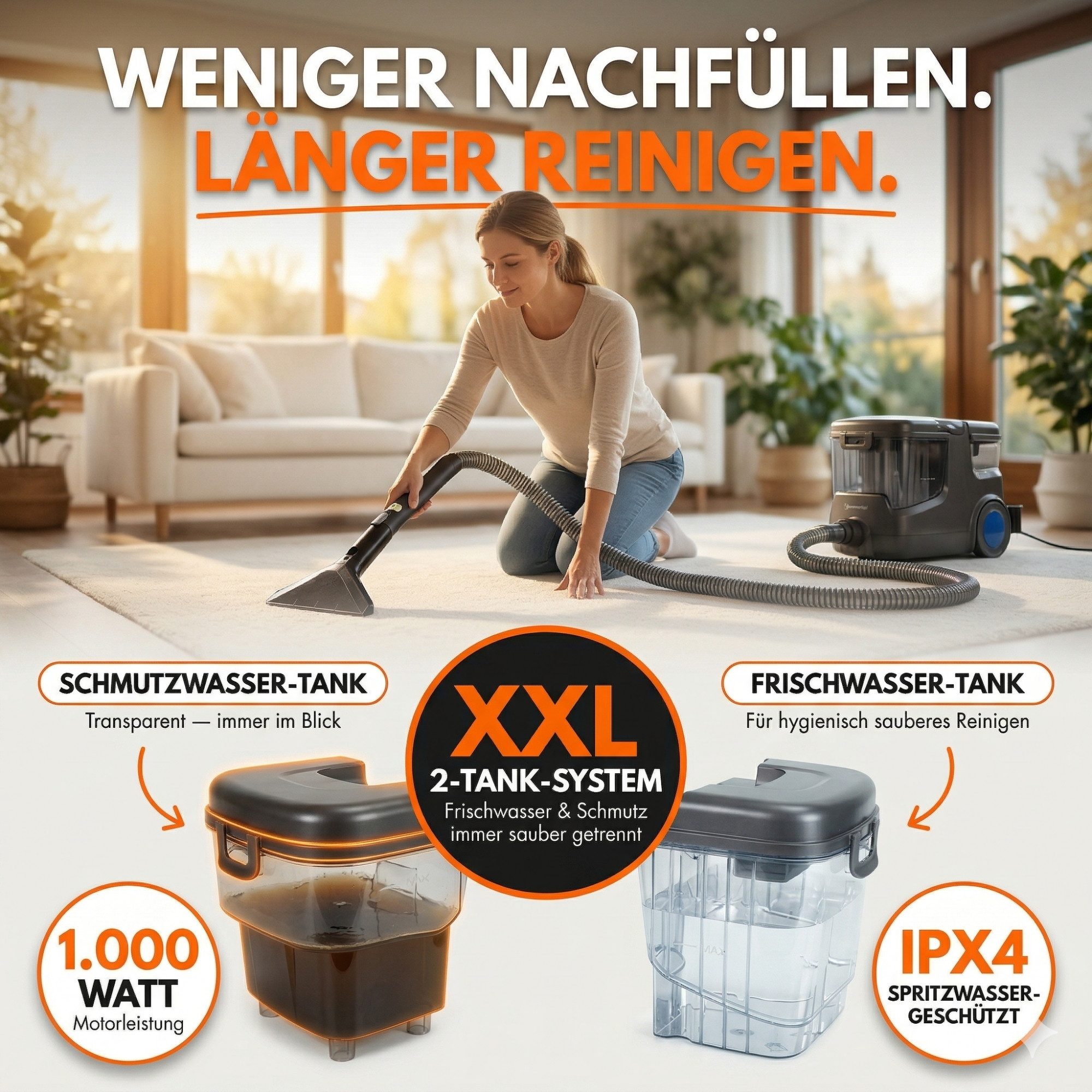 Sommertal Teppichreinigungsgerät Sommertal HYDRO 9000 MAX Waschsauger – 1.000W & 28 kPa, 1000 W, Teppichreiniger & Polsterreiniger mit Dampfsauger & Nasssauger blau|grau