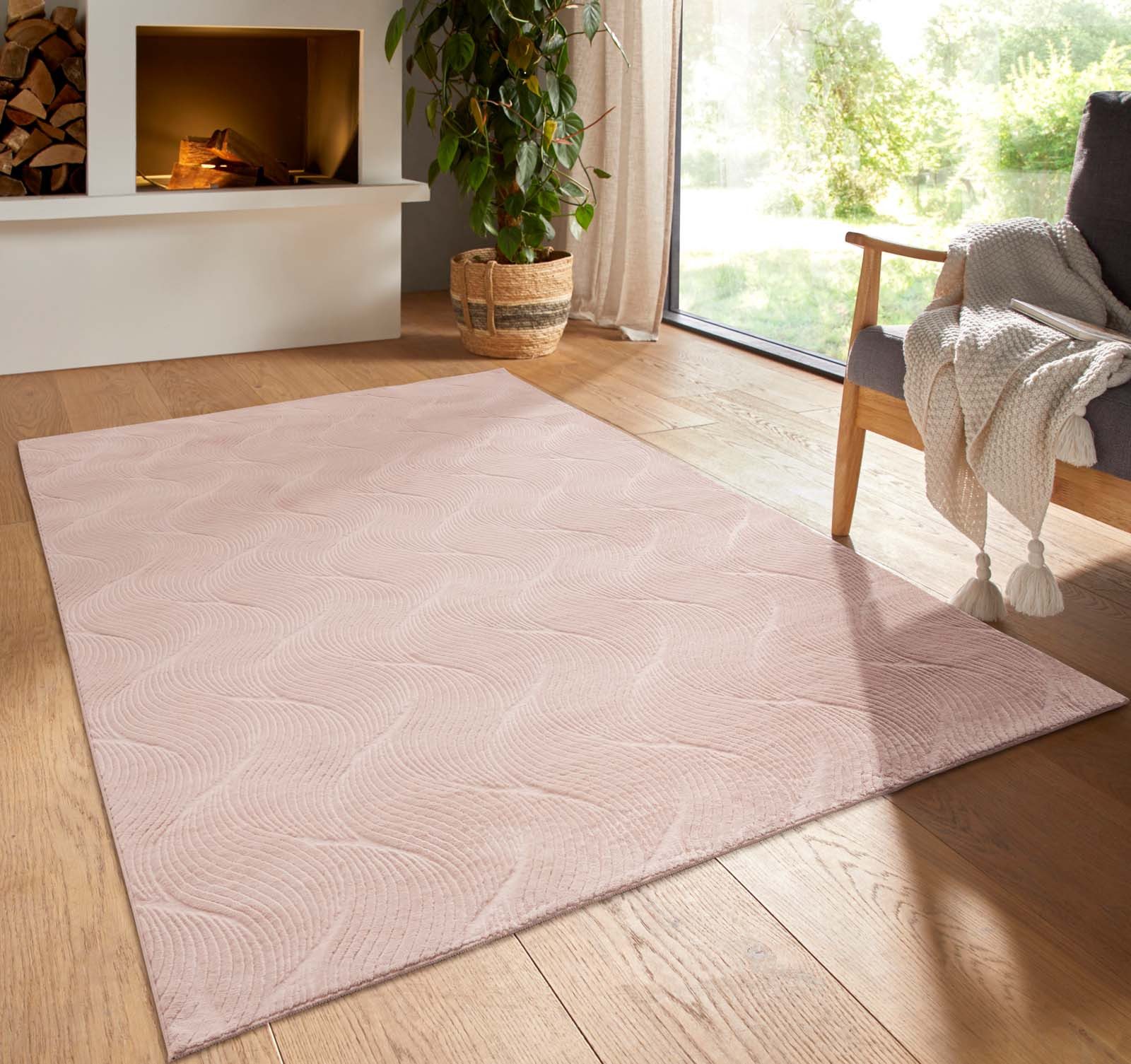 TaraCarpet Teppich TaraCarpet Homestyle 392 Shell, rund, Höhe: 10 mm, Felloptik hoch-tief weich waschbar Düne rosa 80x80 rund